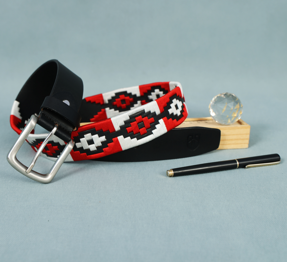 Black Polo Leather Belt with Red and White Stitching & Silver Buckle