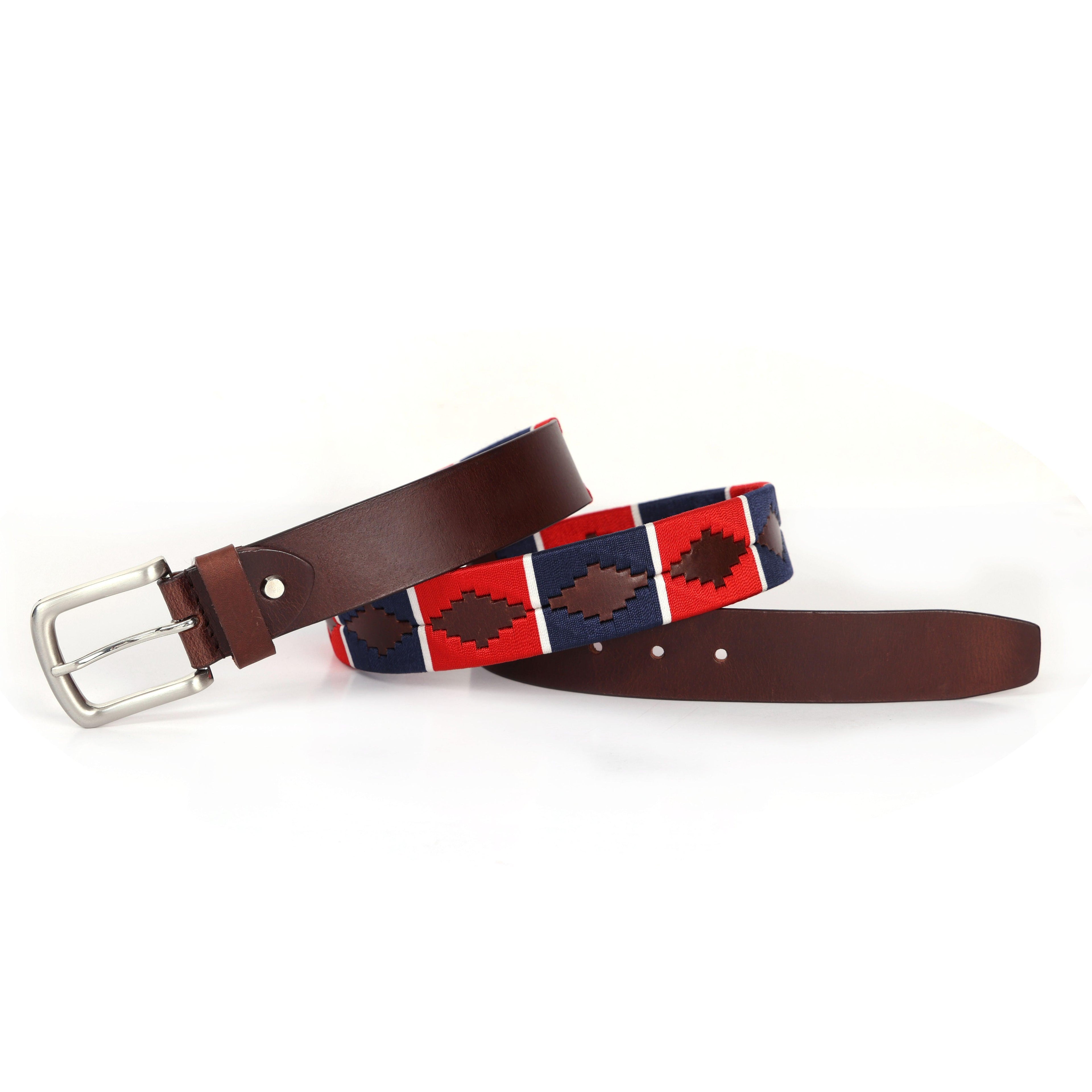 Brown Polo Leather Belt with Red and Blue Stitching and Classic Silver Buckle
