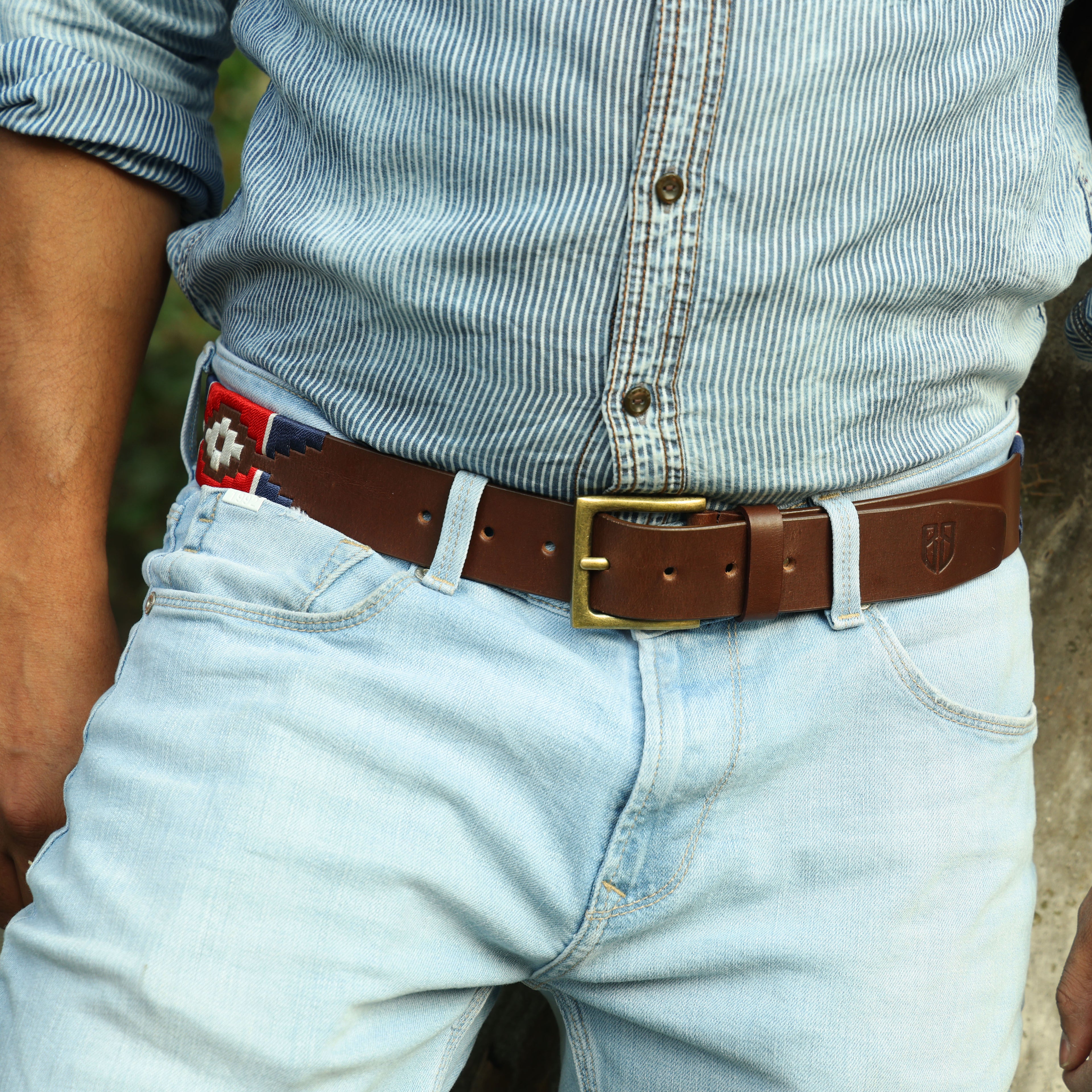Hand-Embroidered Polo Belt – Premium Full-Grain Leather with Navy, Red, and White embroidered