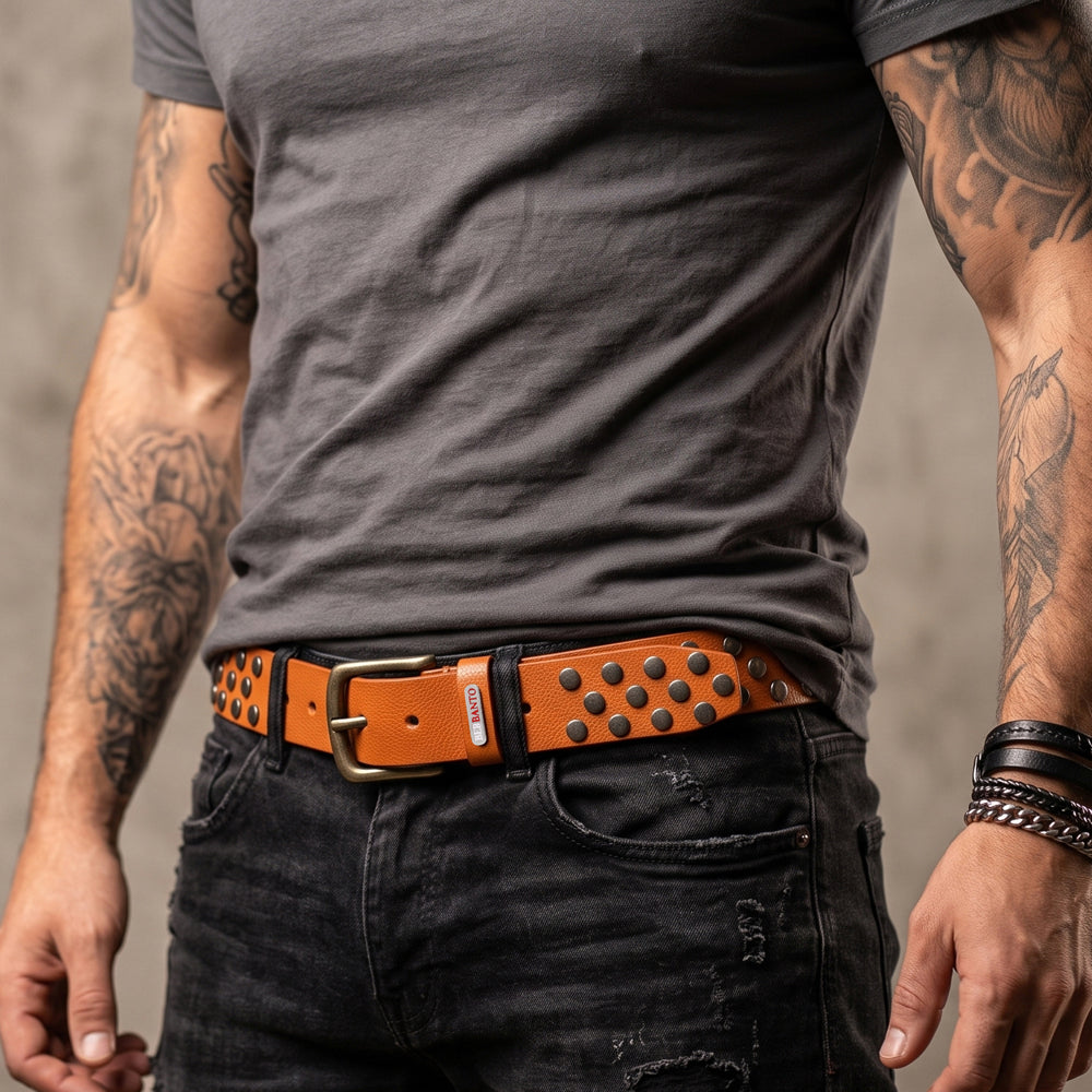 Berbanto Maverick tan leather studded belt styled with black denim.