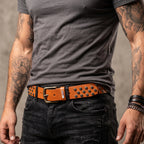 Berbanto Maverick tan leather studded belt styled with black denim.