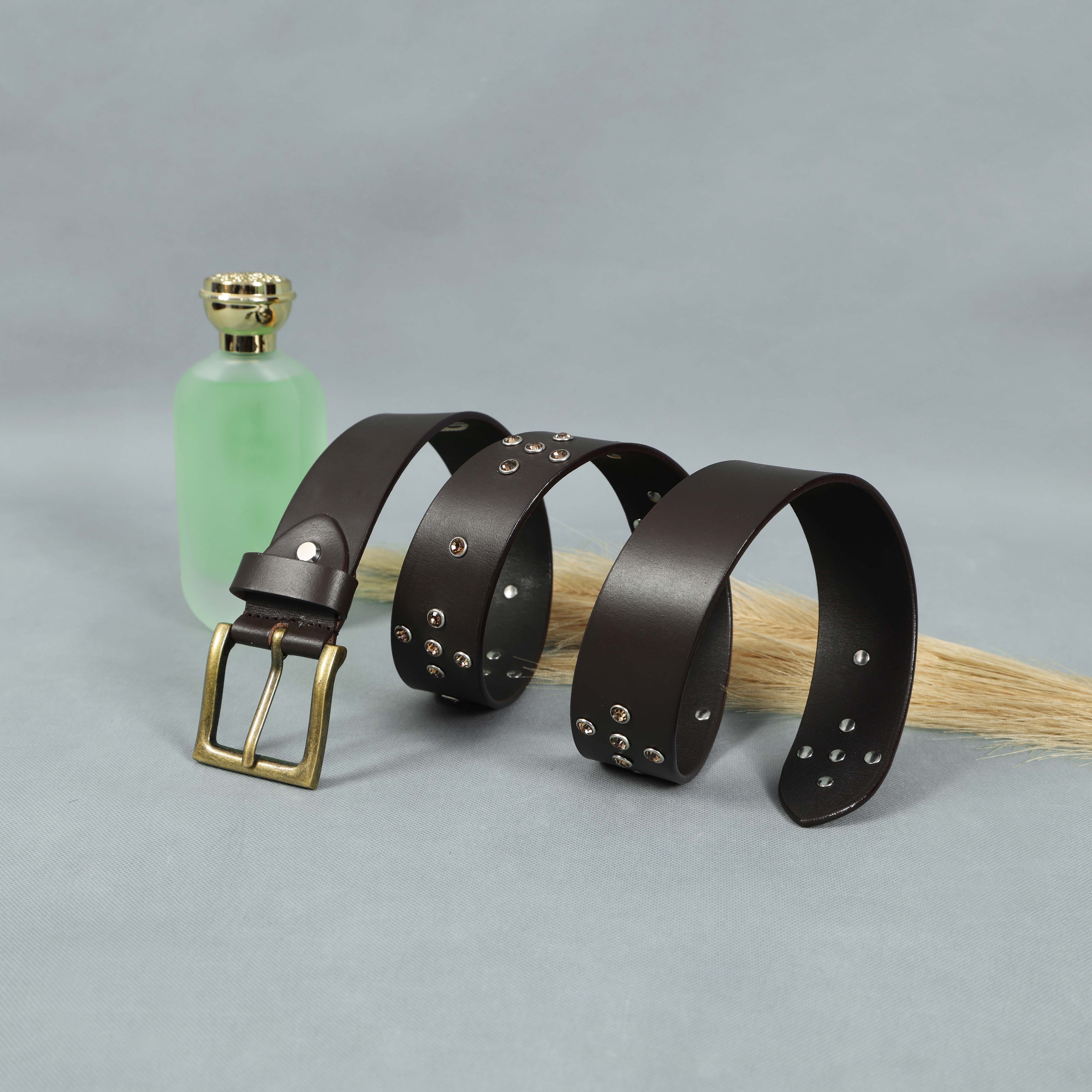 Men’s Brown Leather Belt with Antique Brass Buckle & Metal Studs – Premium Designer Rock Style Belt