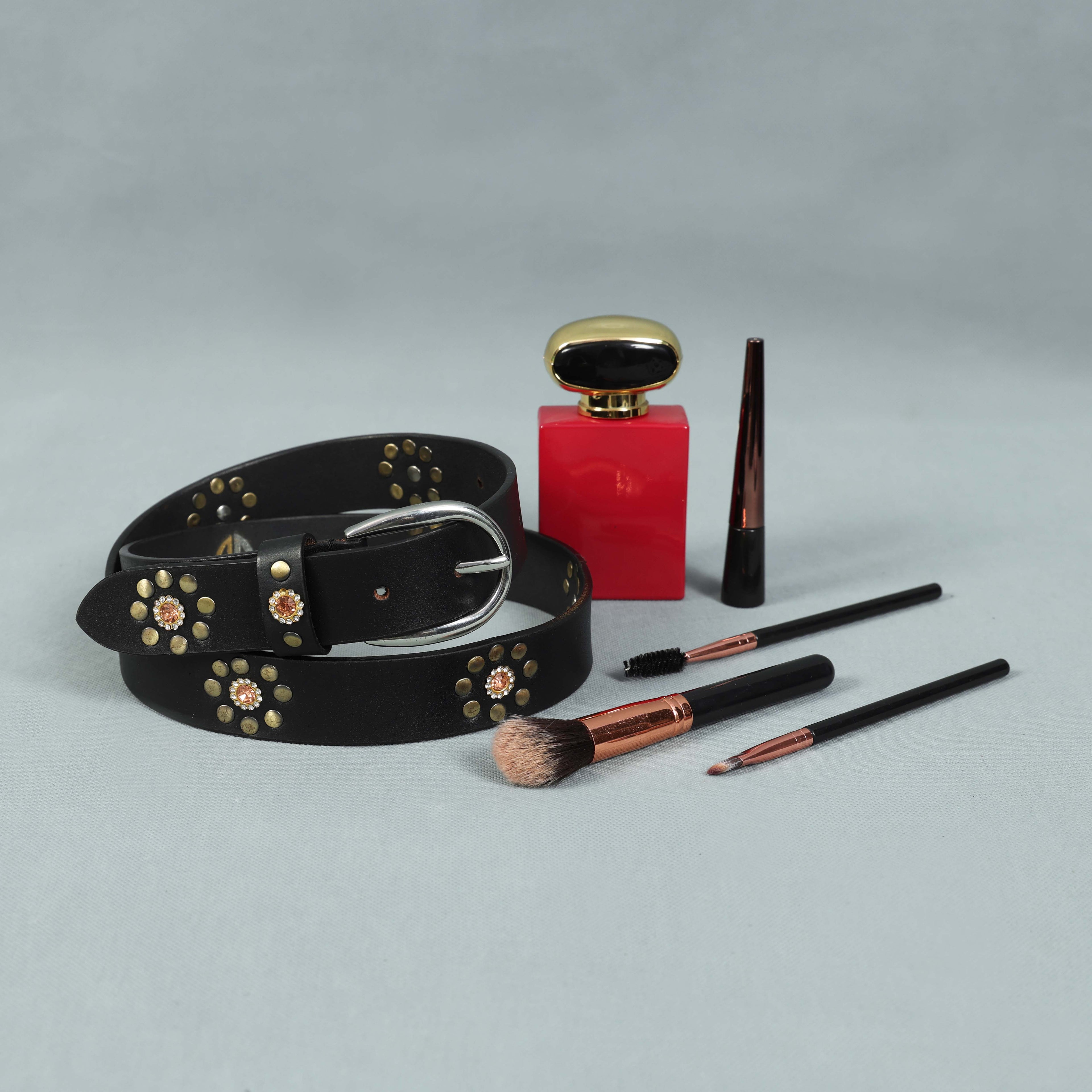 Black Studded Leather Belt for Women – Floral Western-Style Grommet Belt with Silver Buckle
