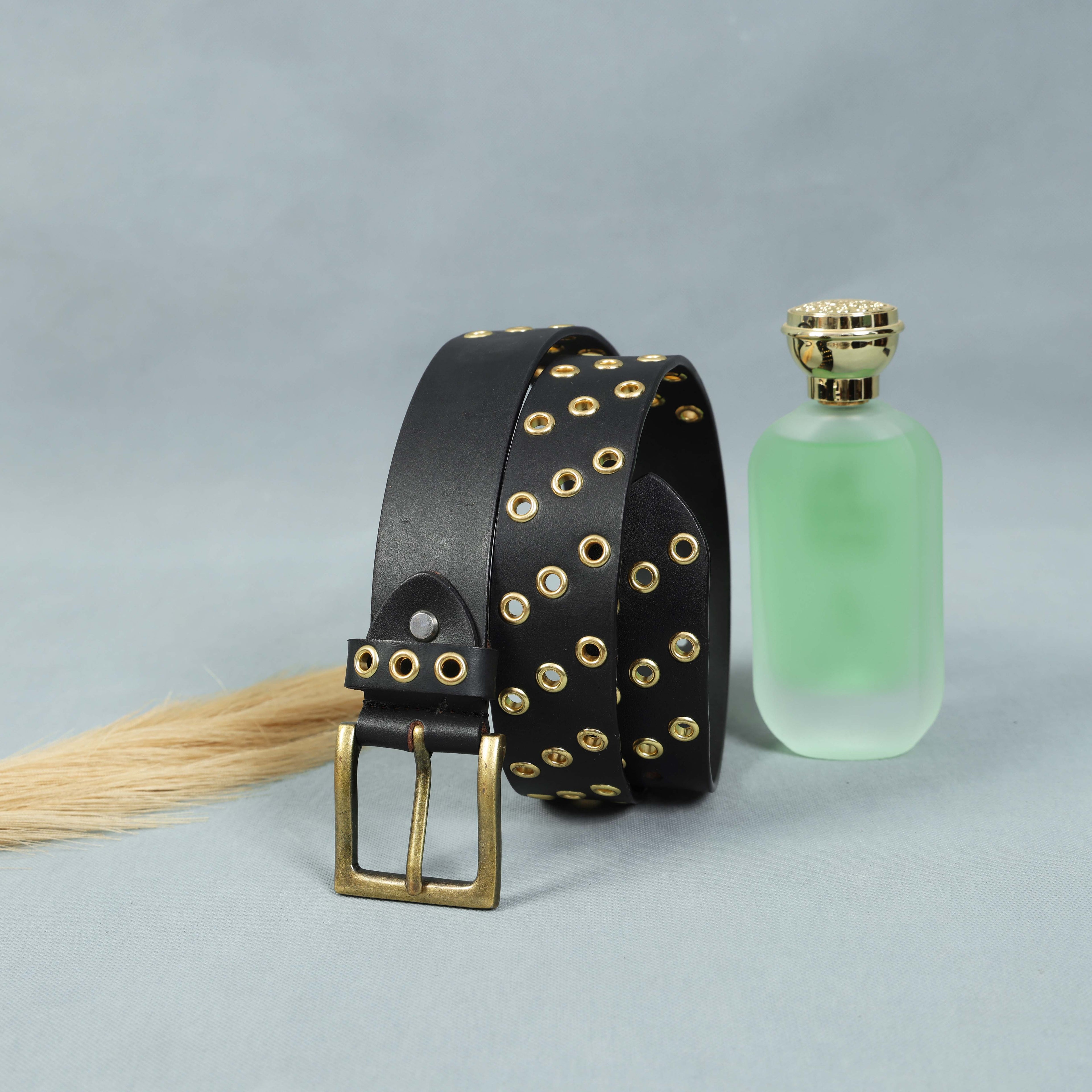 Men’s Black Leather Grommet Belt – Double Row Gold Eyelets with Vintage Brass Buckle