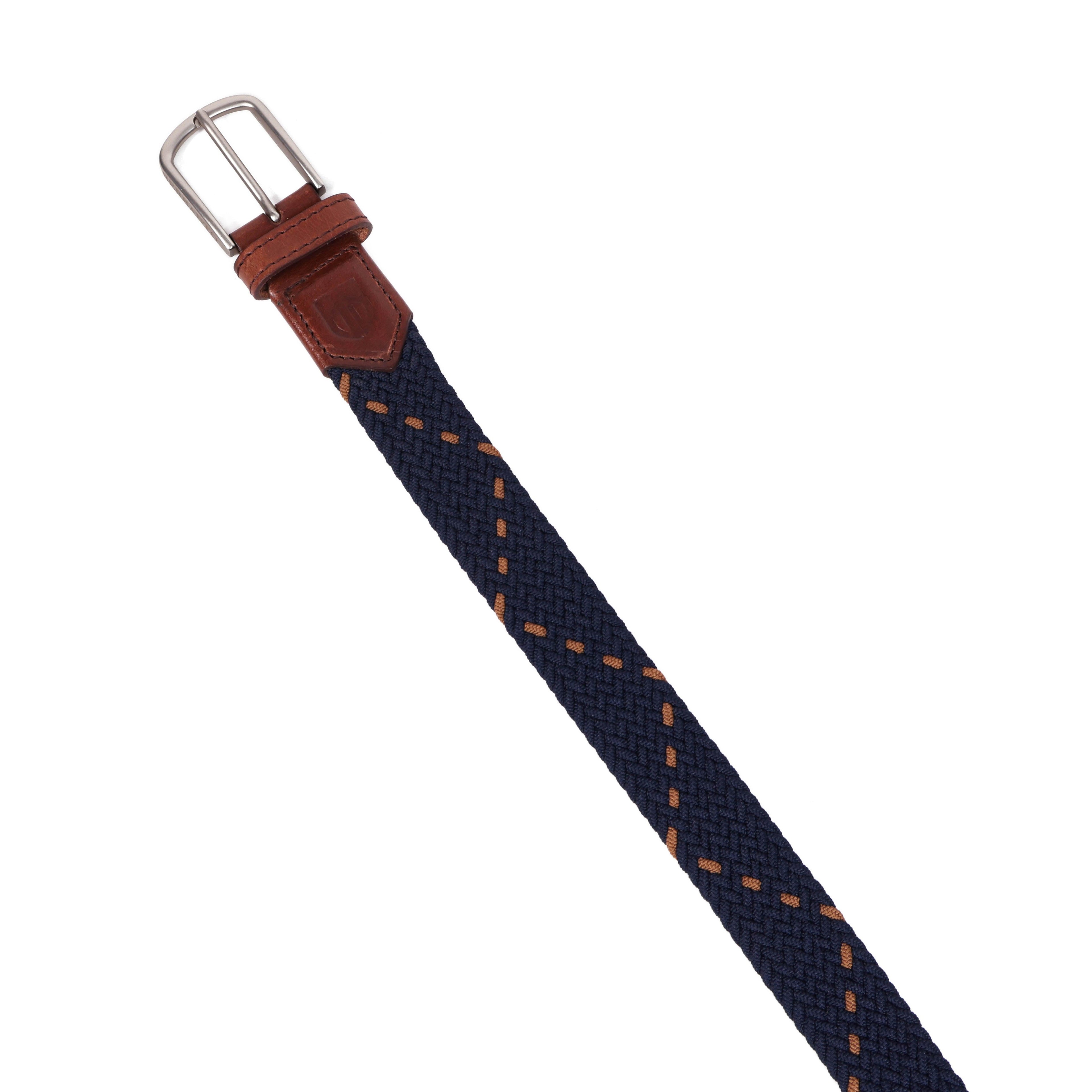 Golf Stretch Belt – Navy & Orange Dot with Brown Leather Trim