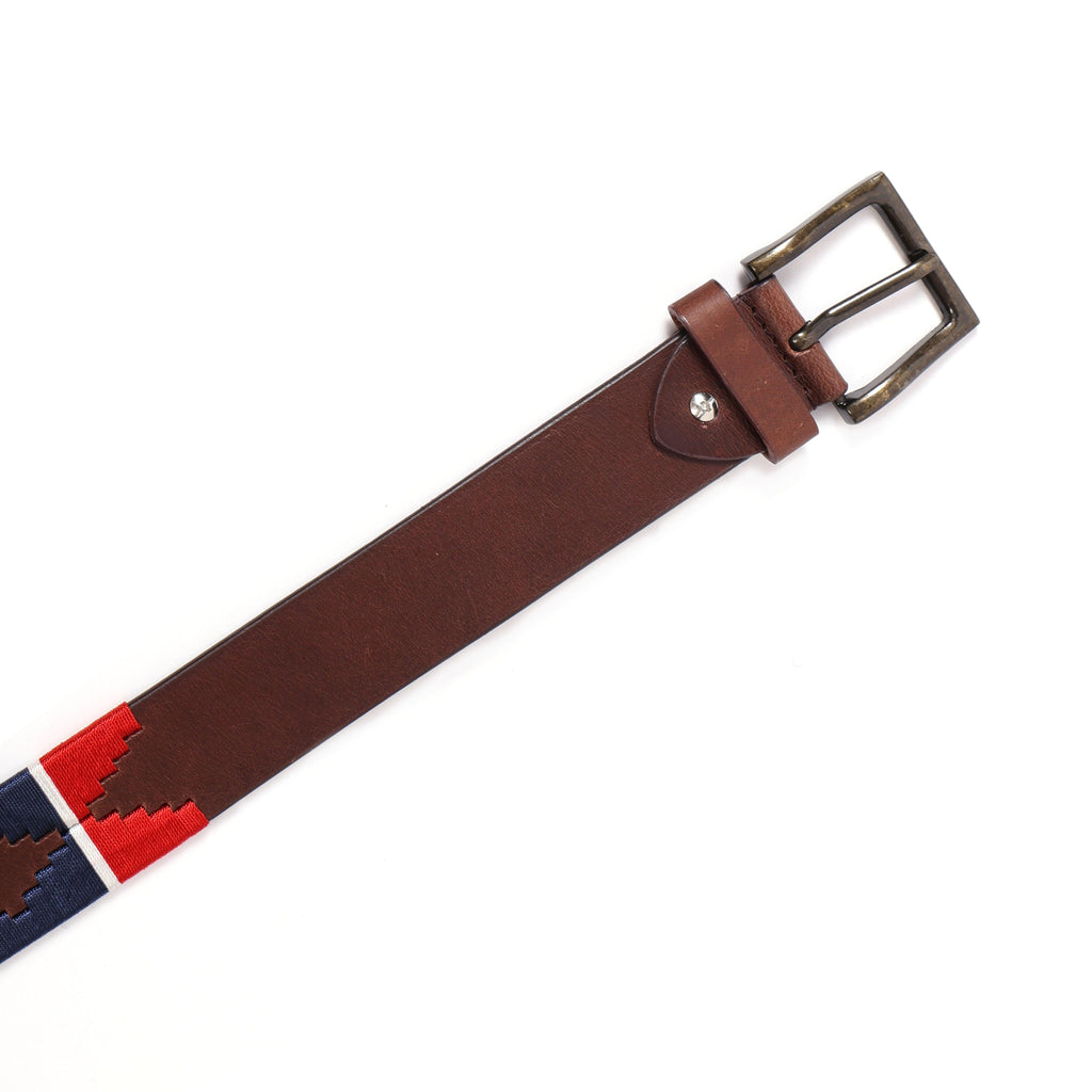 Brown Polo Leather Belt with Red and Blue Stitching and Antique Buckle