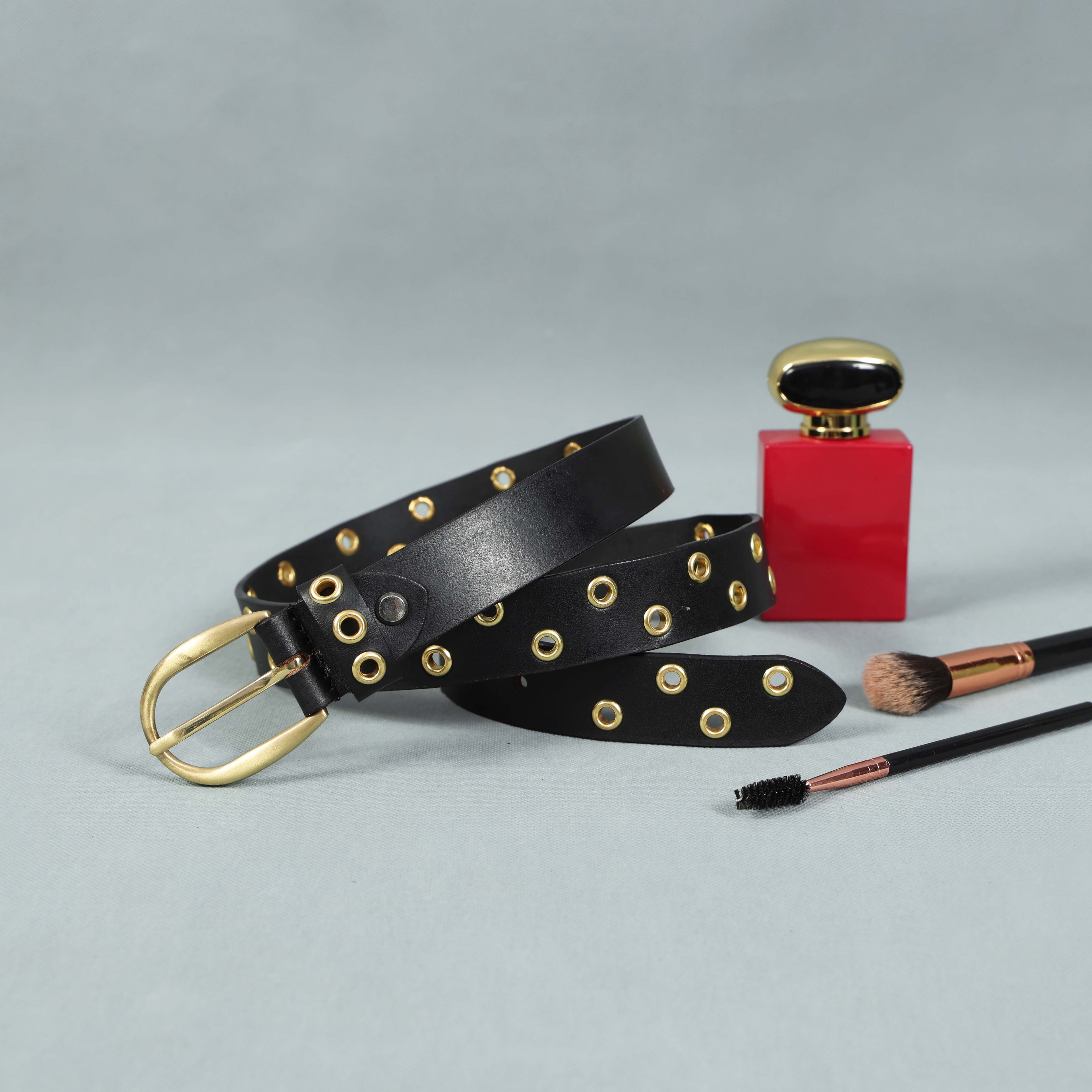 Women’s Black Leather Grommet Belt – Gold Eyelets & Chic Round Golden Buckle
