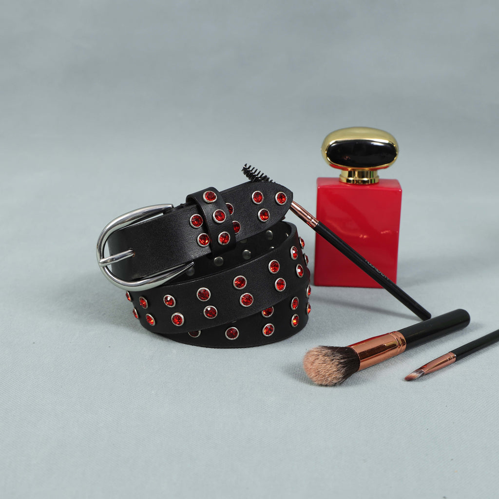 Black Studded Leather Belt for Women – Fashion Rhinestone Punk Rock Belt with Silver Buckle