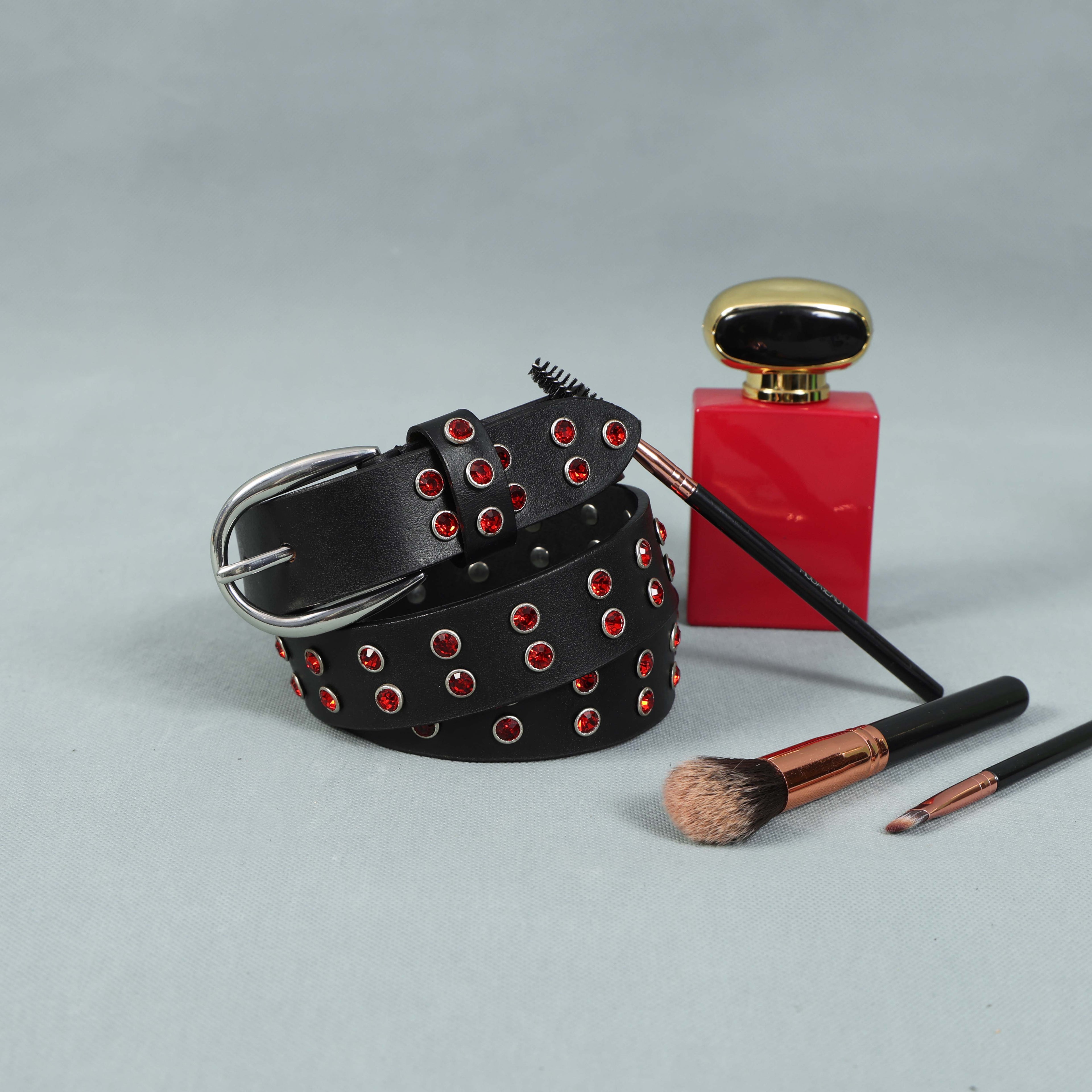 Black Studded Leather Belt for Women – Fashion Rhinestone Punk Rock Belt with Silver Buckle