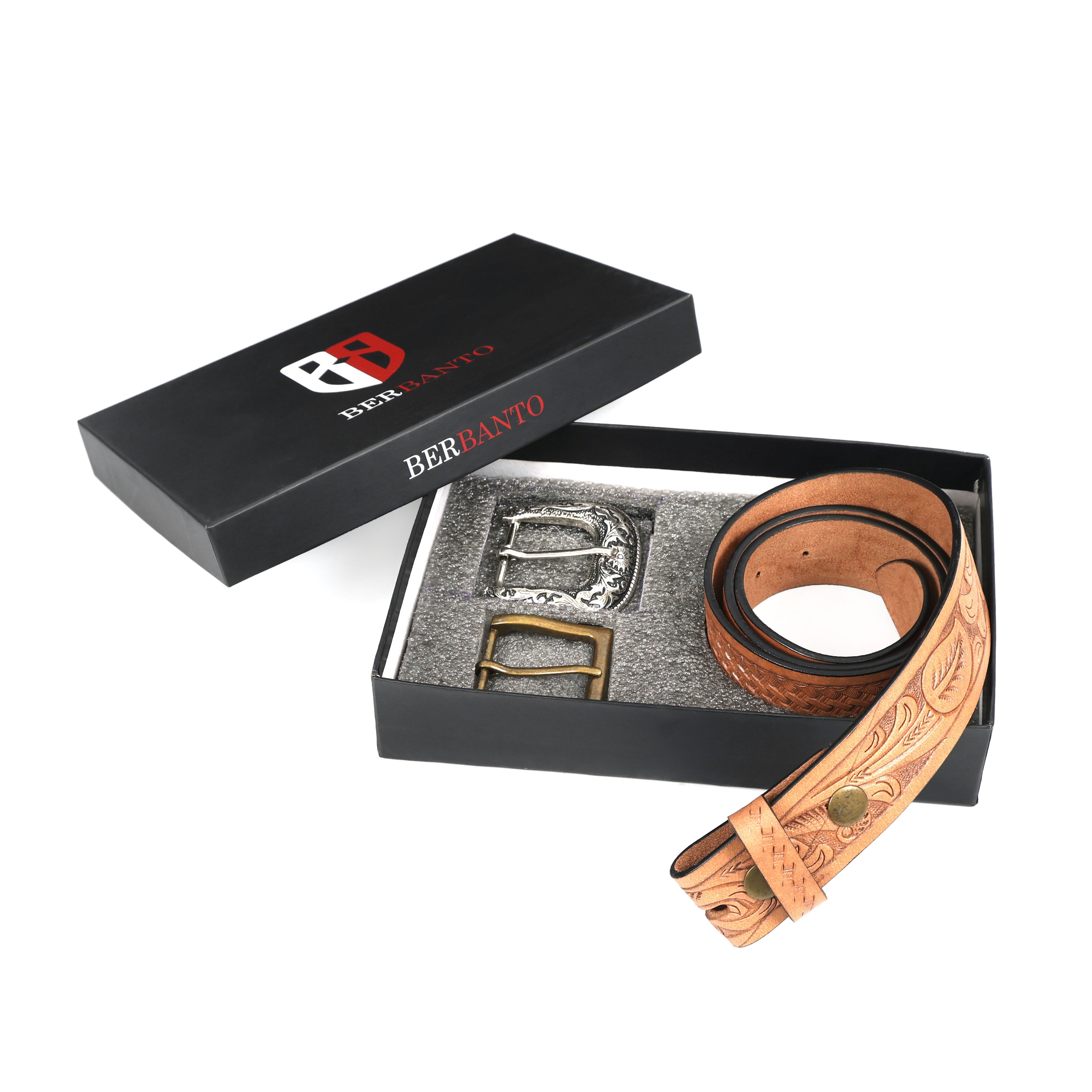 Berbanto Natural Leather Western Belt with Western Engraved Rustic Silver Buckle + Free Antique Plain Buckle