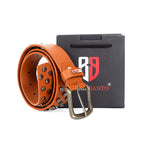 Premium tan full-grain leather stud belt with luxury Berbanto gift box.