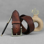 Brown Hand-Painted Leather Belt - Hammered with Silver Buckle