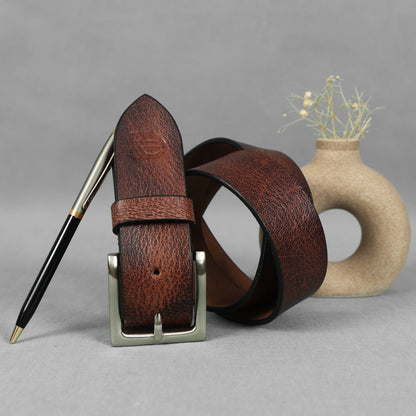 Brown Hand-Painted Leather Belt - Hammered with Silver Buckle