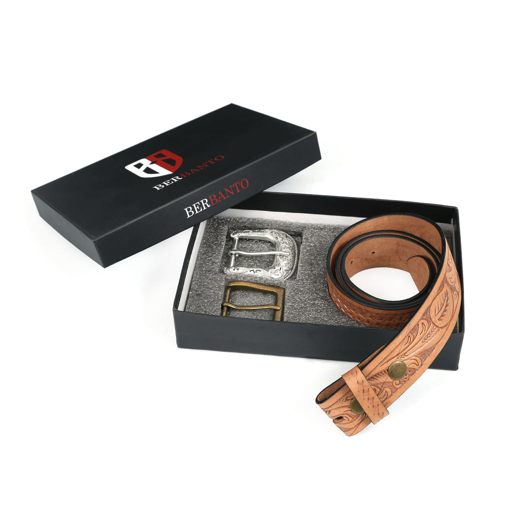 Berbanto Natural Leather Western Belt with Western Engraved Silver Buckle + Free Antique Plain Buckle