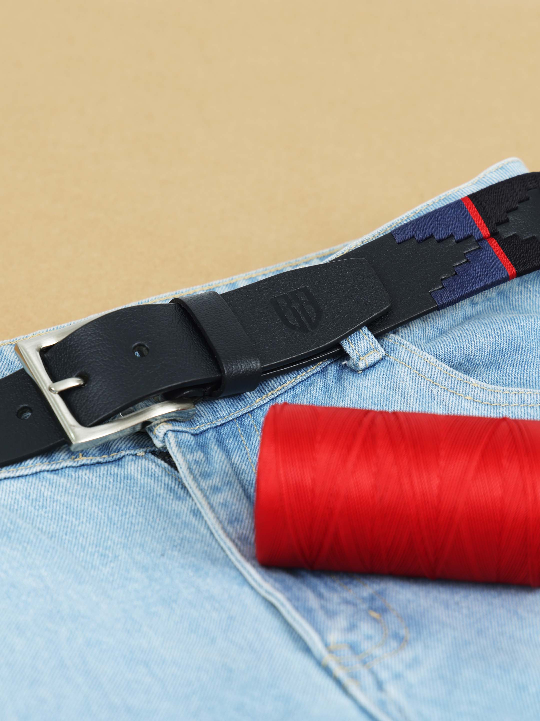 Black, Navy Blue & Red Border Polo Belt – Handcrafted Full-Grain Leather with Navy Detailing