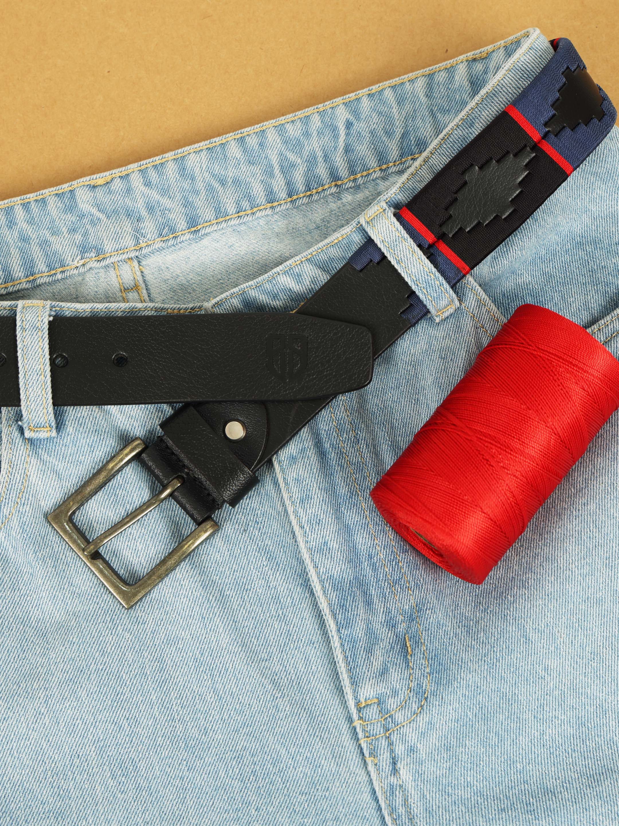 Black, Navy Blue & Red Border Polo Belt – Handcrafted Full-Grain Leather with Navy Detailing