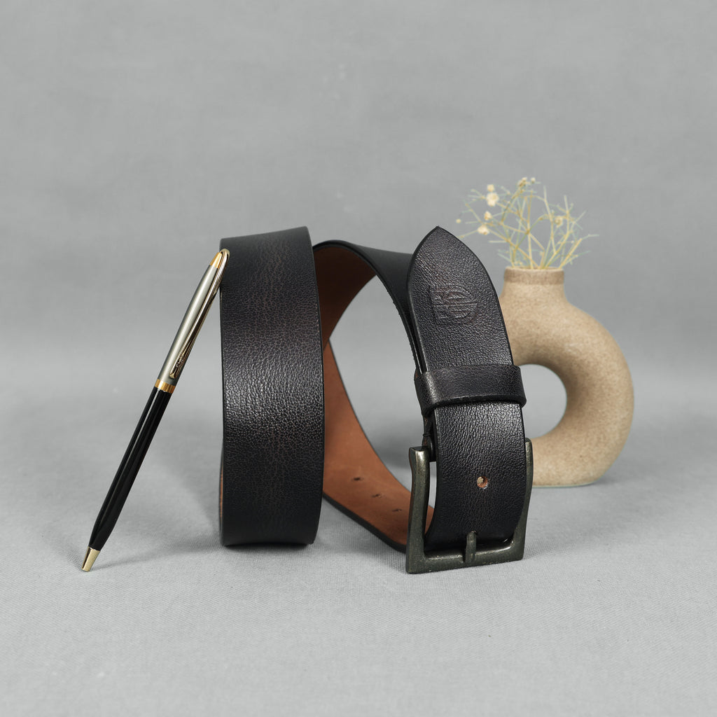Black Hand-Painted Leather Belt - Distressed with Antique Buckle