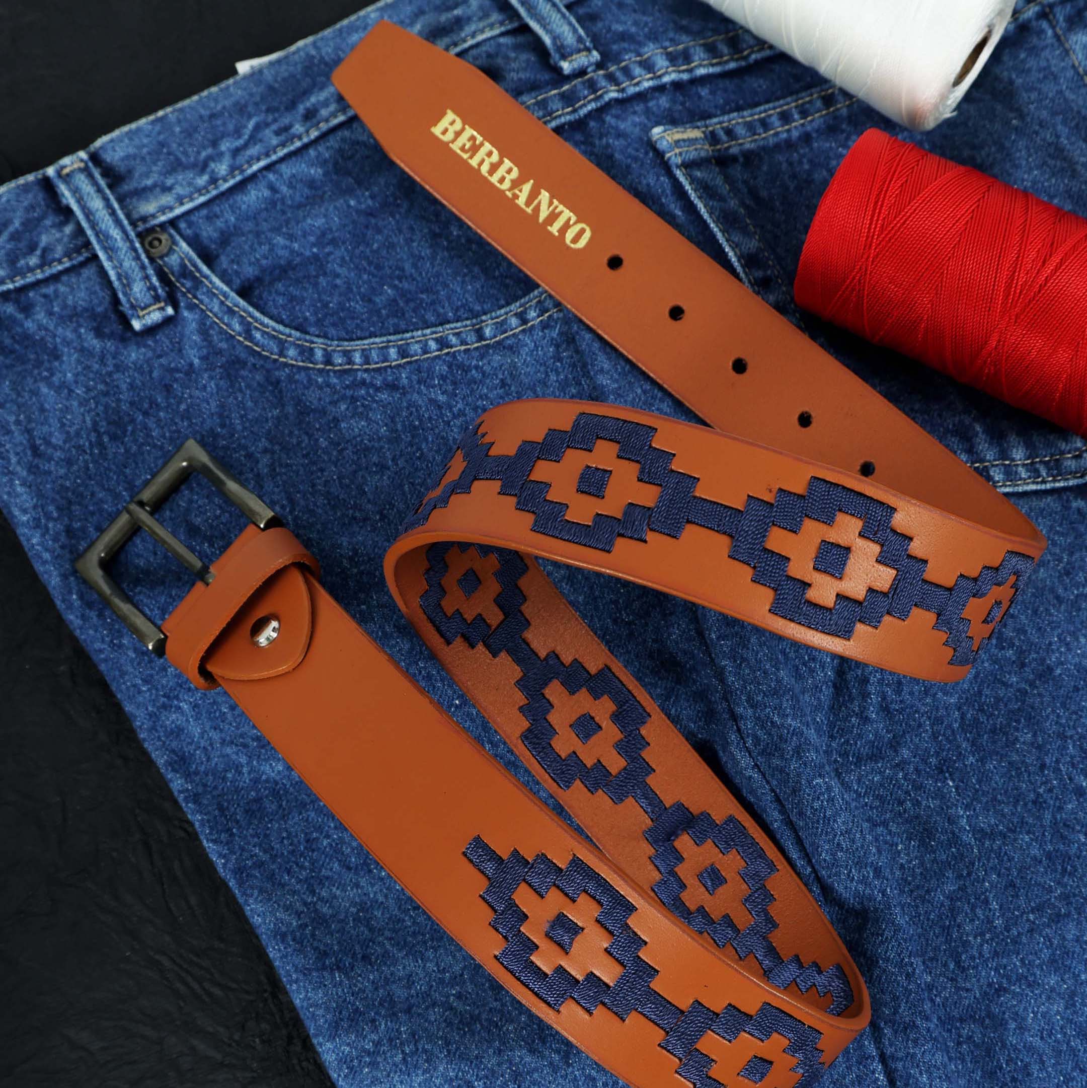 Berbanto Navy Blue Polo Belt – Hand-Embroidered on Premium Full-Grain Tan Leather