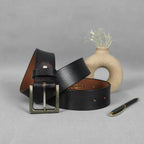 Black Hand-Painted Leather Belt - Tree Pattern with Antique Buckle
