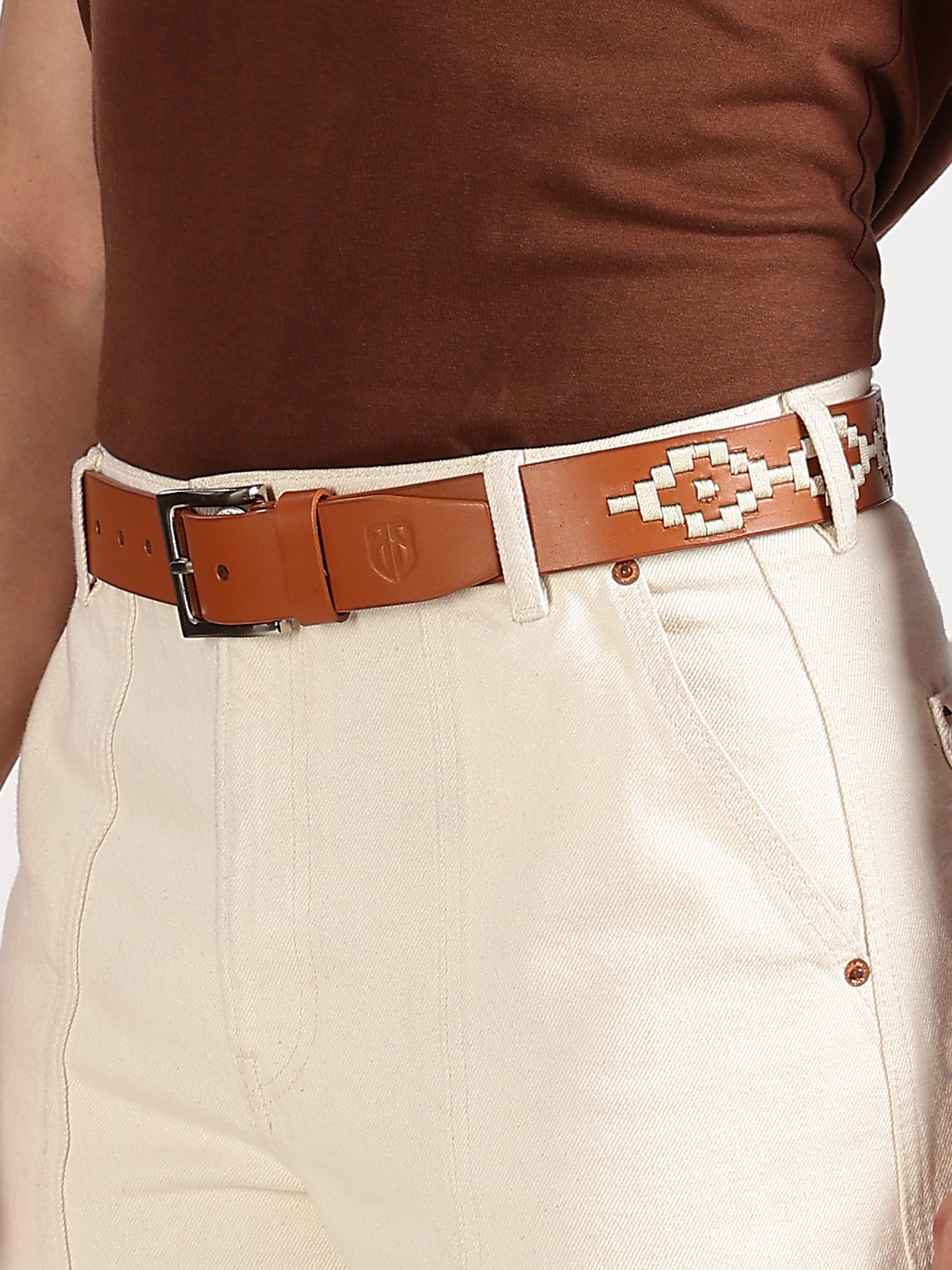 Berbanto Cream Polo Belt – Hand-Embroidered on Premium Full-Grain Tan Leather