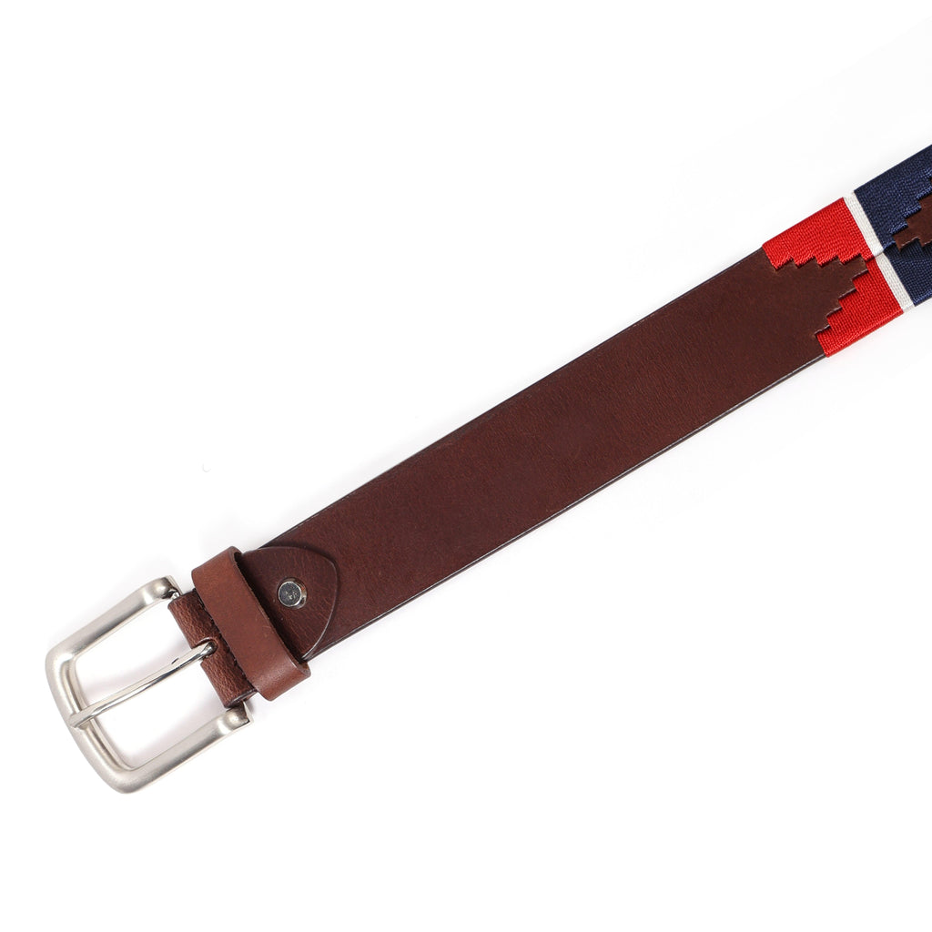 Brown Polo Leather Belt with Red and Blue Stitching and Classic Silver Buckle