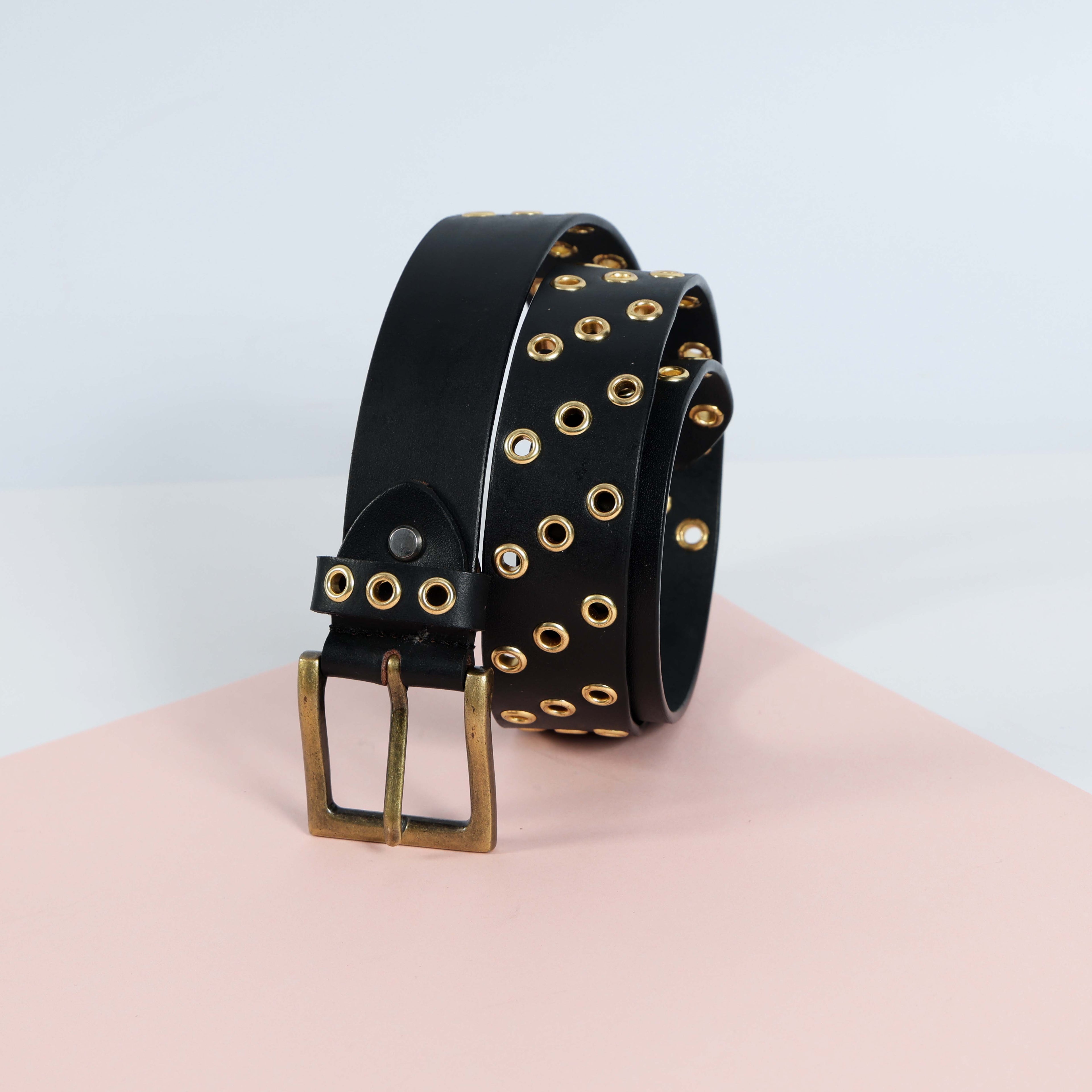 Men’s Black Leather Grommet Belt – Double Row Gold Eyelets with Vintage Brass Buckle