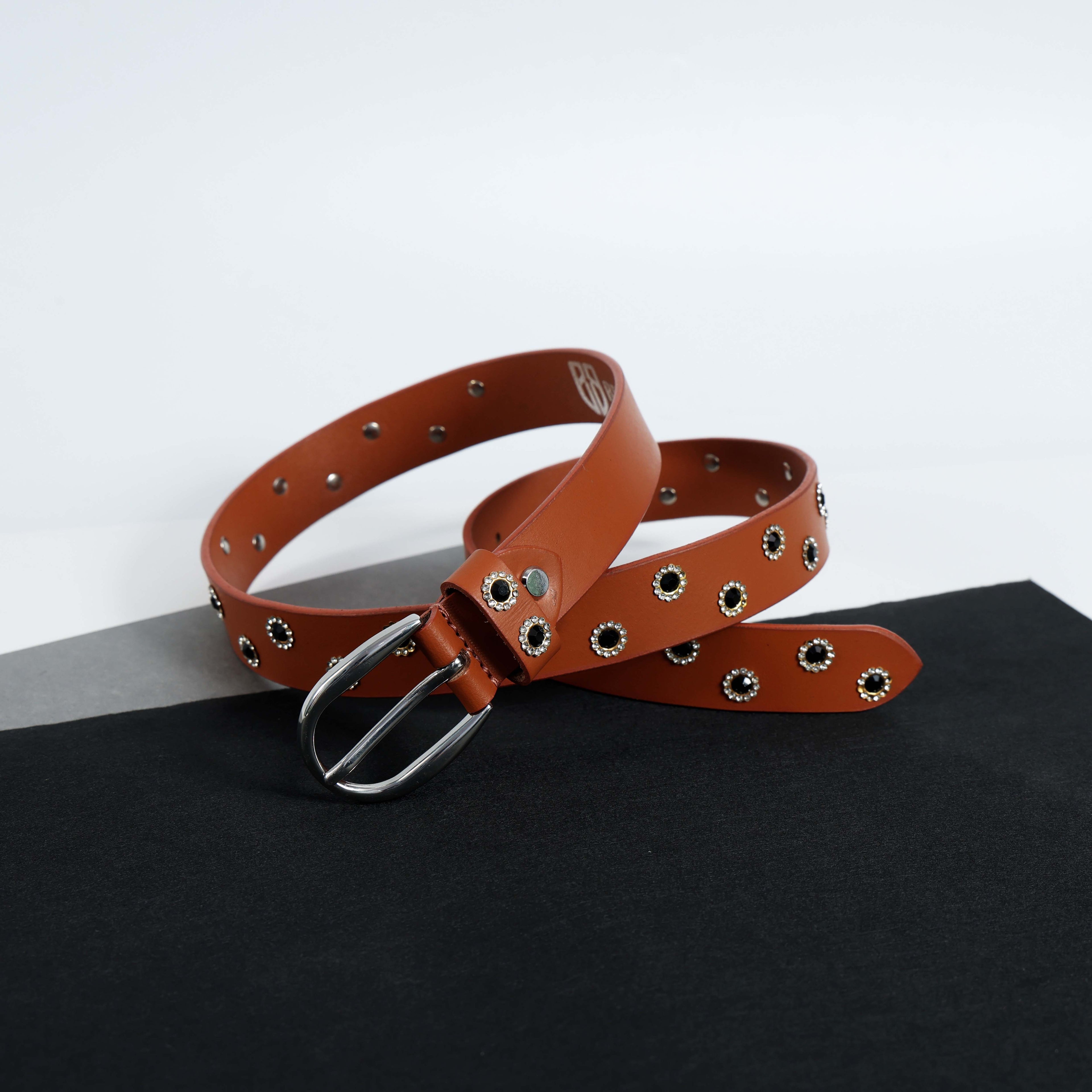 Tan Studded Leather Belt for Women – Vintage Western-Style Grommet Belt with Silver Buckle
