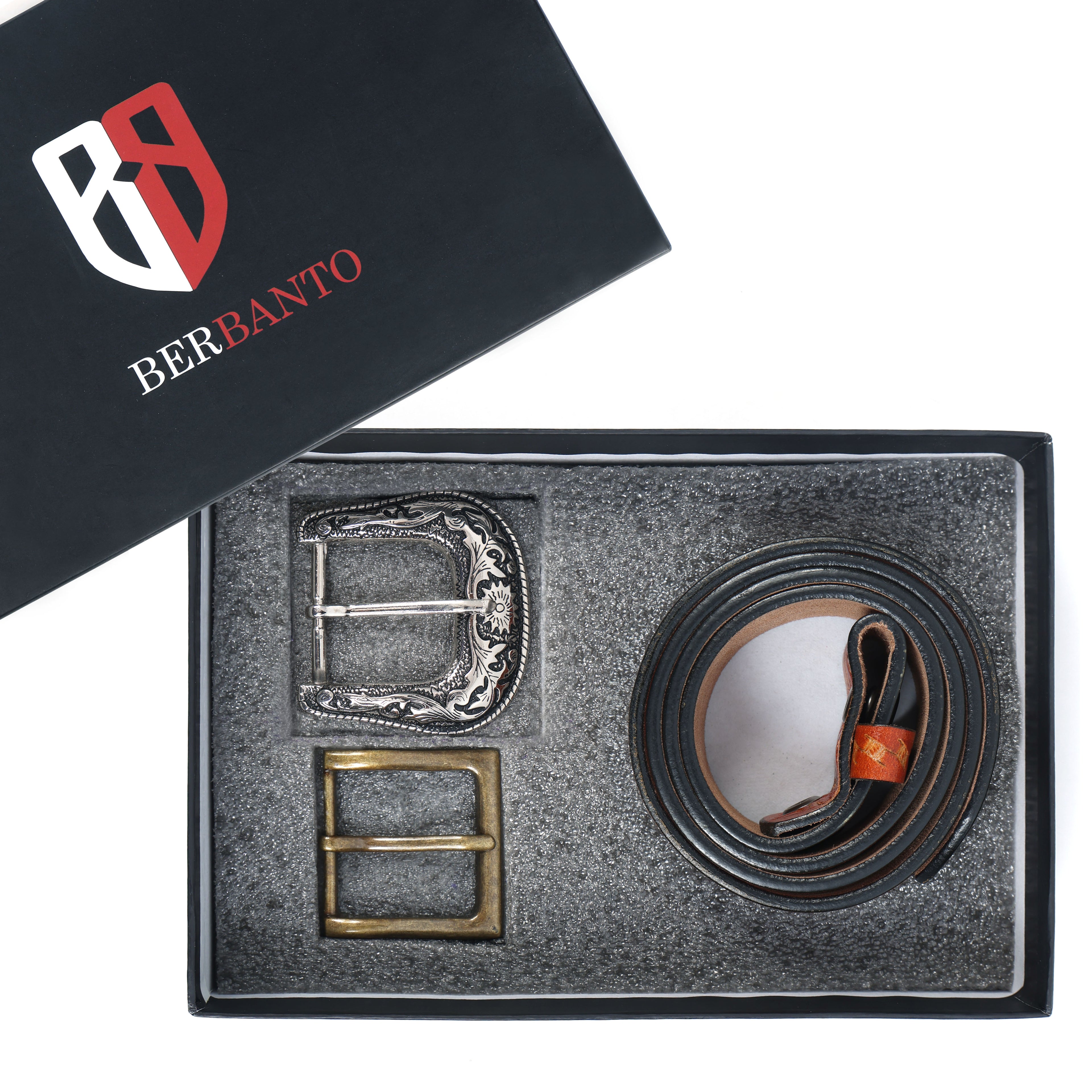 Berbanto Two Tone Tan Leather Western Belt with Western Engraved Rustic Silver Buckle + Free Antique Plain Buckle
