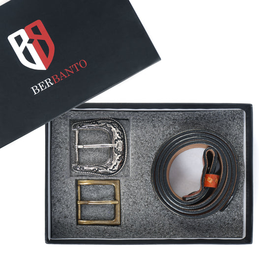 Berbanto Two Tone Tan Leather Western Belt with Western Engraved Rustic Silver Buckle + Free Antique Plain Buckle