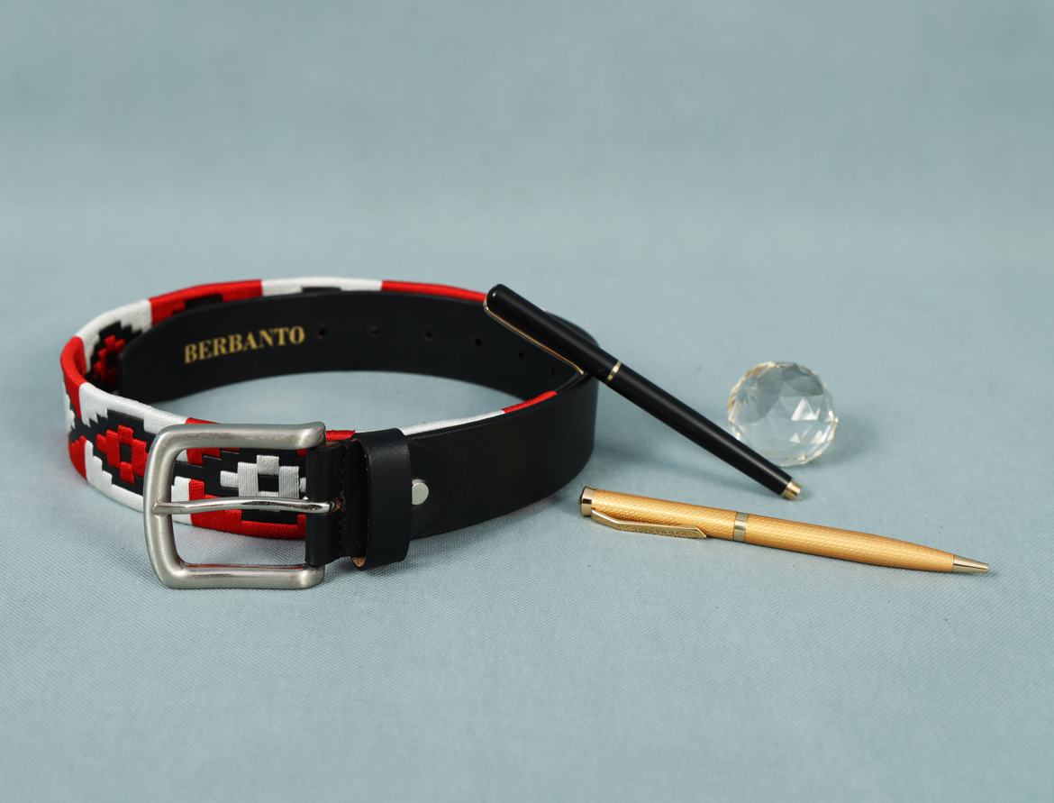 Black Polo Leather Belt with Red and White Stitching & Silver Buckle