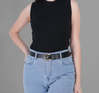 Black Leather Belt for Women with Golden Buckle