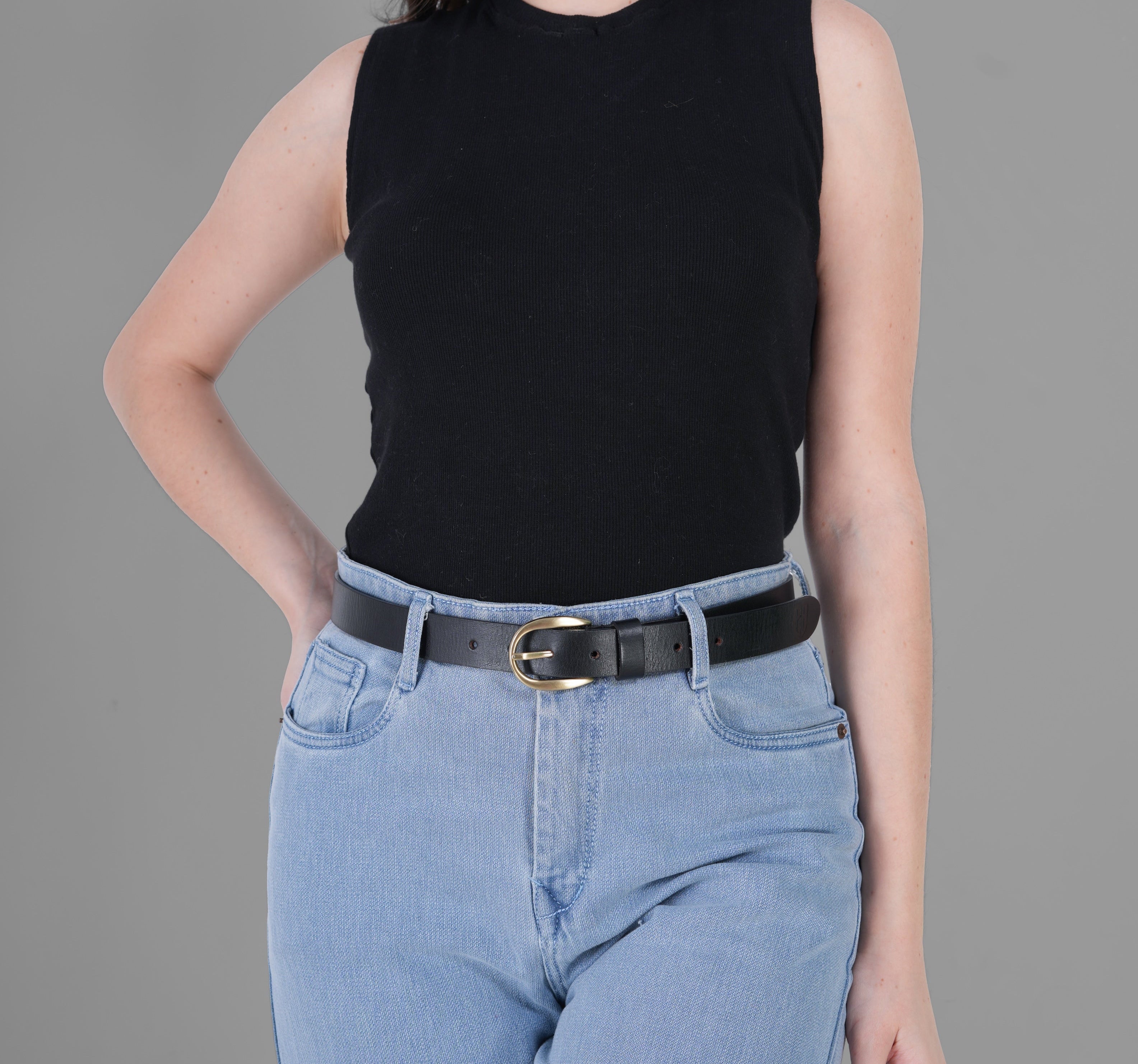 Black Leather Belt for Women with Golden Buckle
