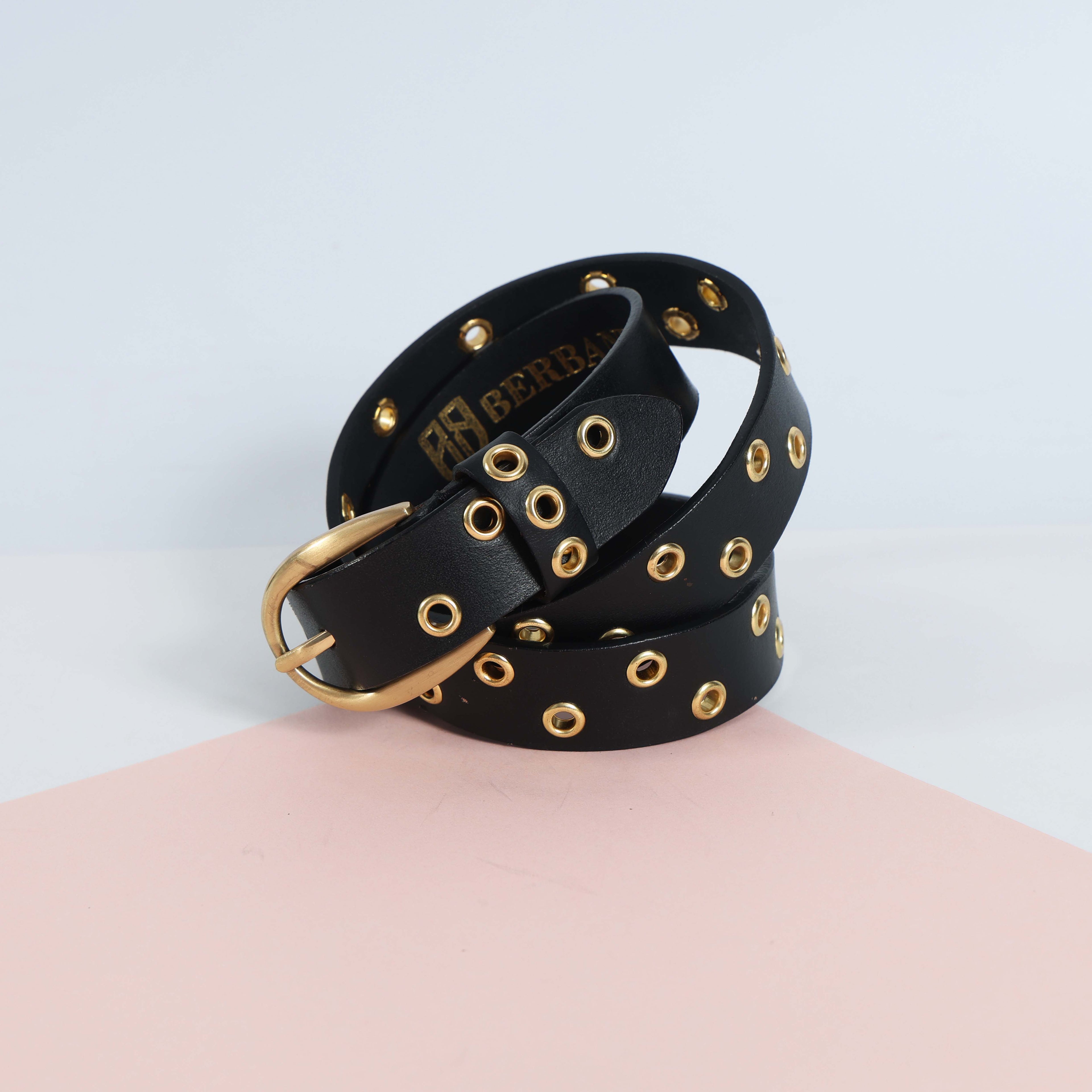 Women’s Black Leather Grommet Belt – Gold Eyelets & Chic Round Golden Buckle