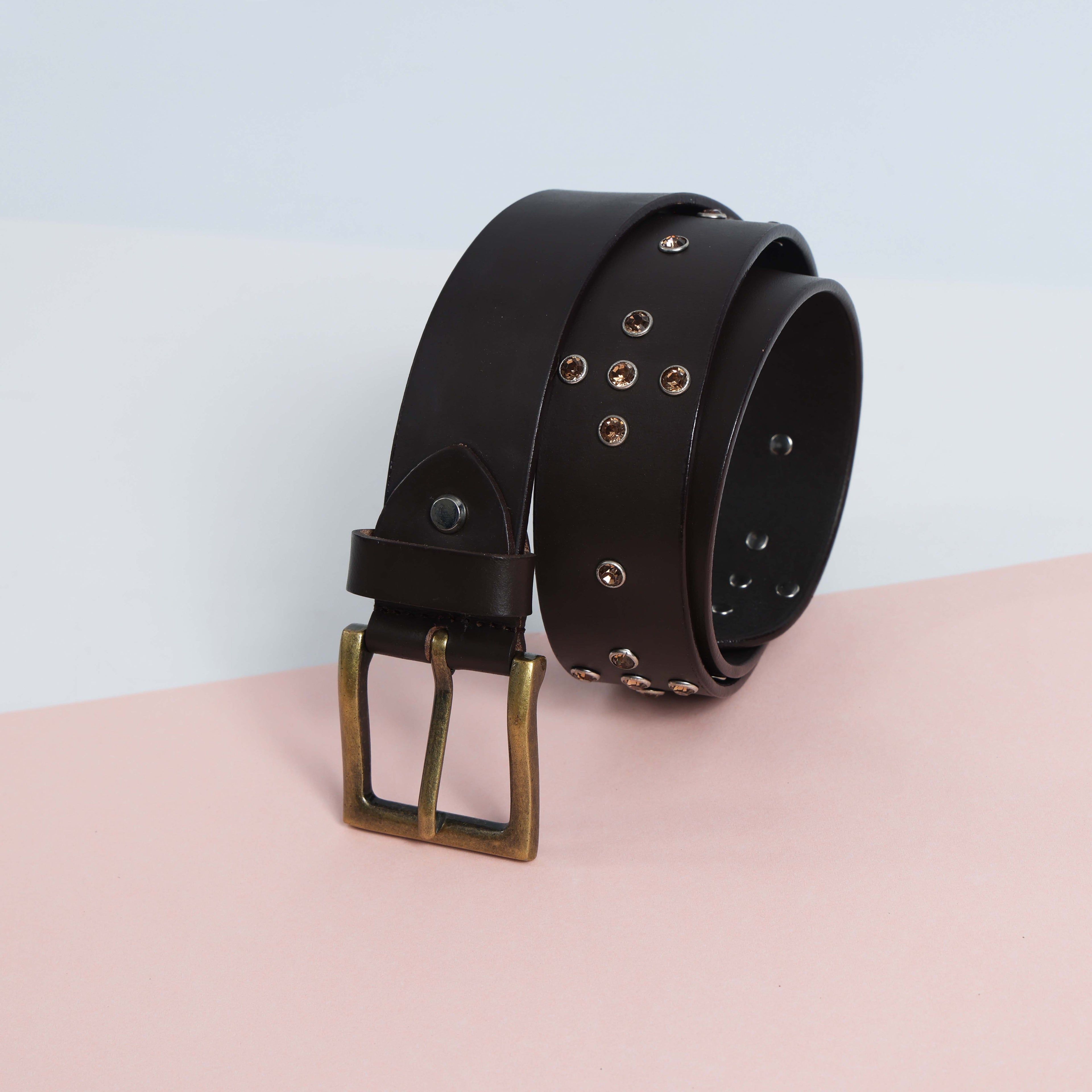 Men’s Brown Leather Belt with Antique Brass Buckle & Metal Studs – Premium Designer Rock Style Belt
