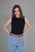 Tan Leather Belt for Women with Golden Buckle