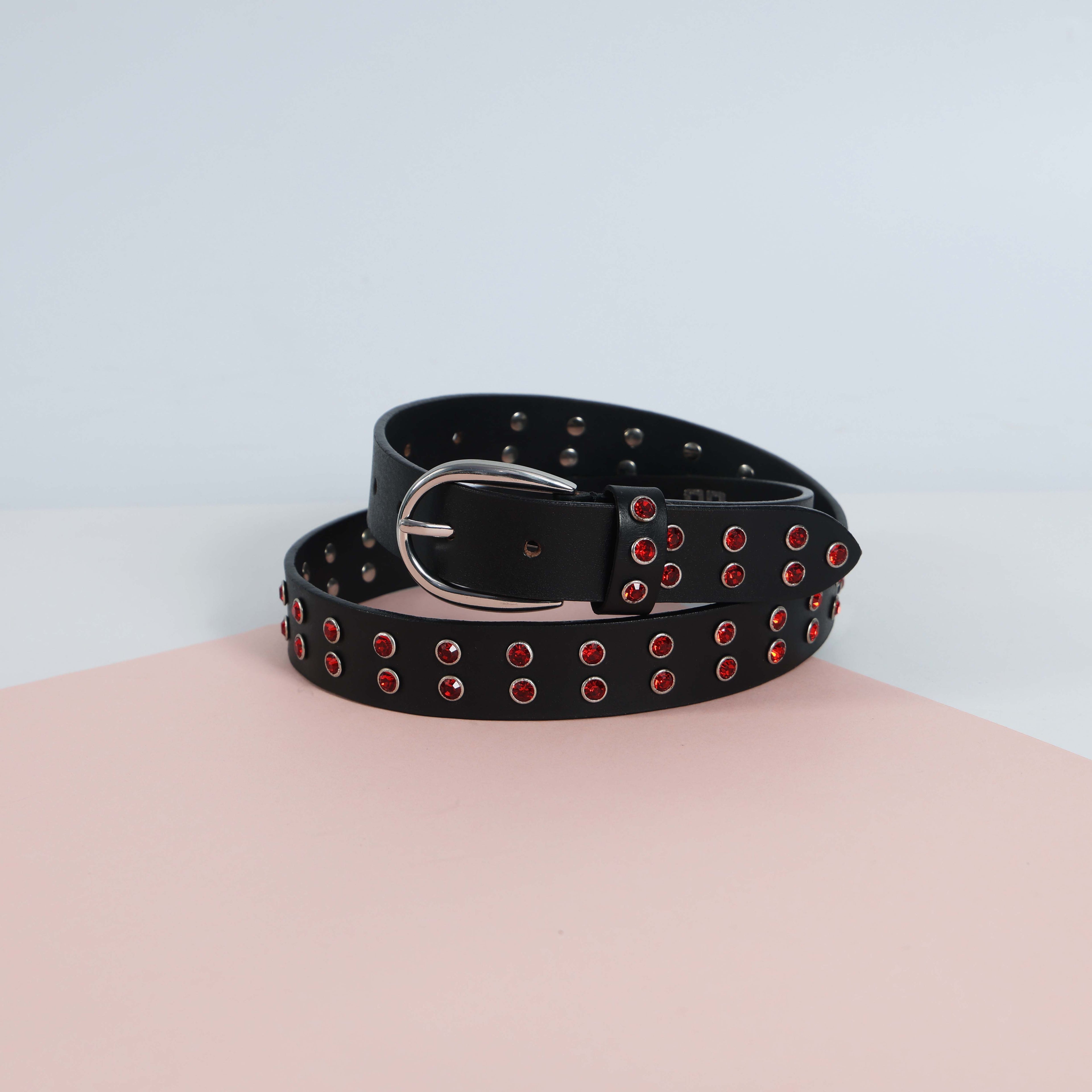 Black Studded Leather Belt for Women – Fashion Rhinestone Punk Rock Belt with Silver Buckle
