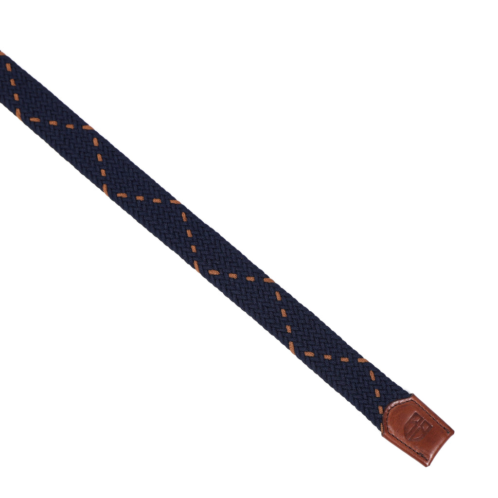 Golf Stretch Belt – Navy & Orange Dot with Brown Leather Trim