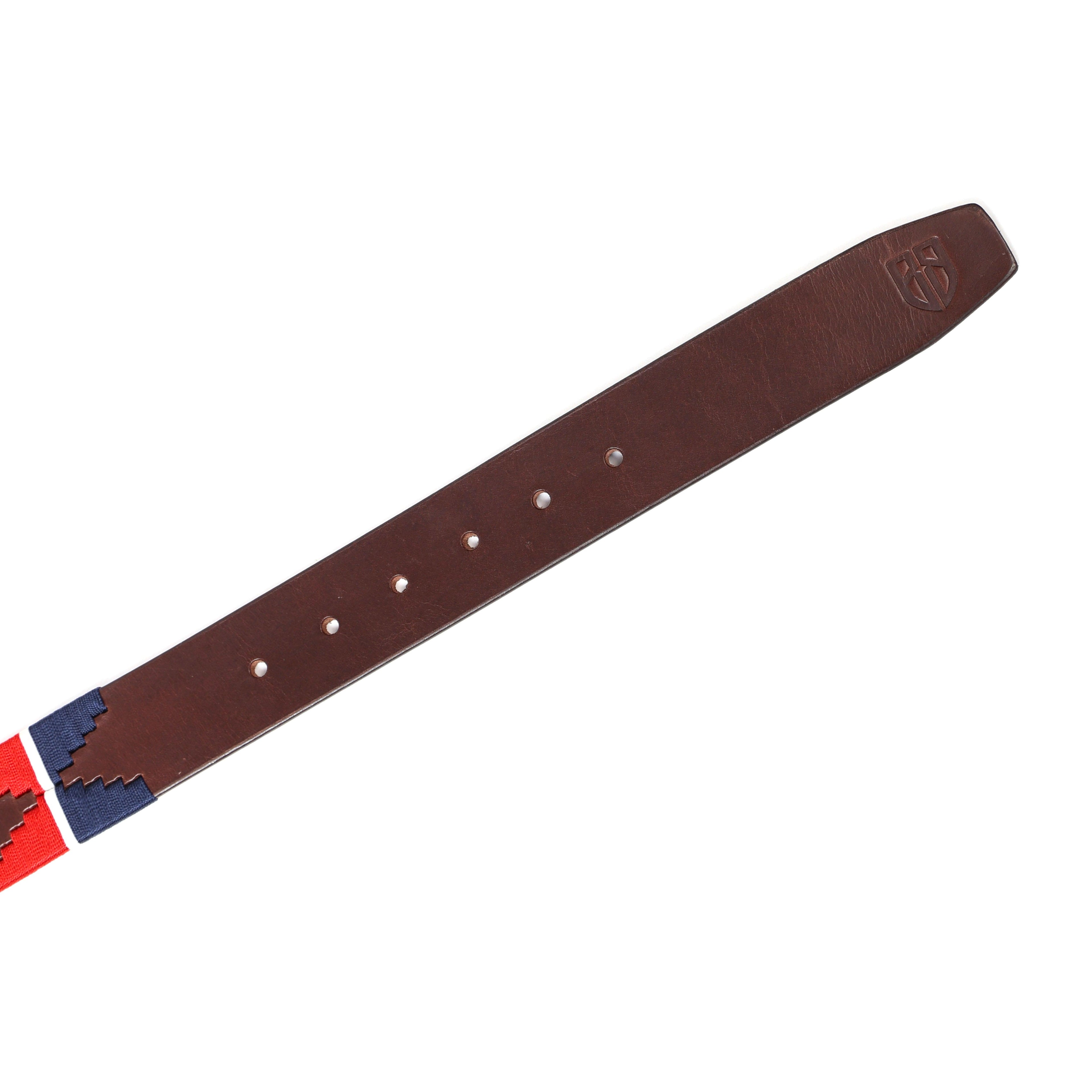 Brown Polo Leather Belt with Red and Blue Stitching and Antique Buckle