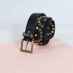 Black Leather Grommet Belt for Men – Double Eyelet Punk Rock Belt with Brass Buckle