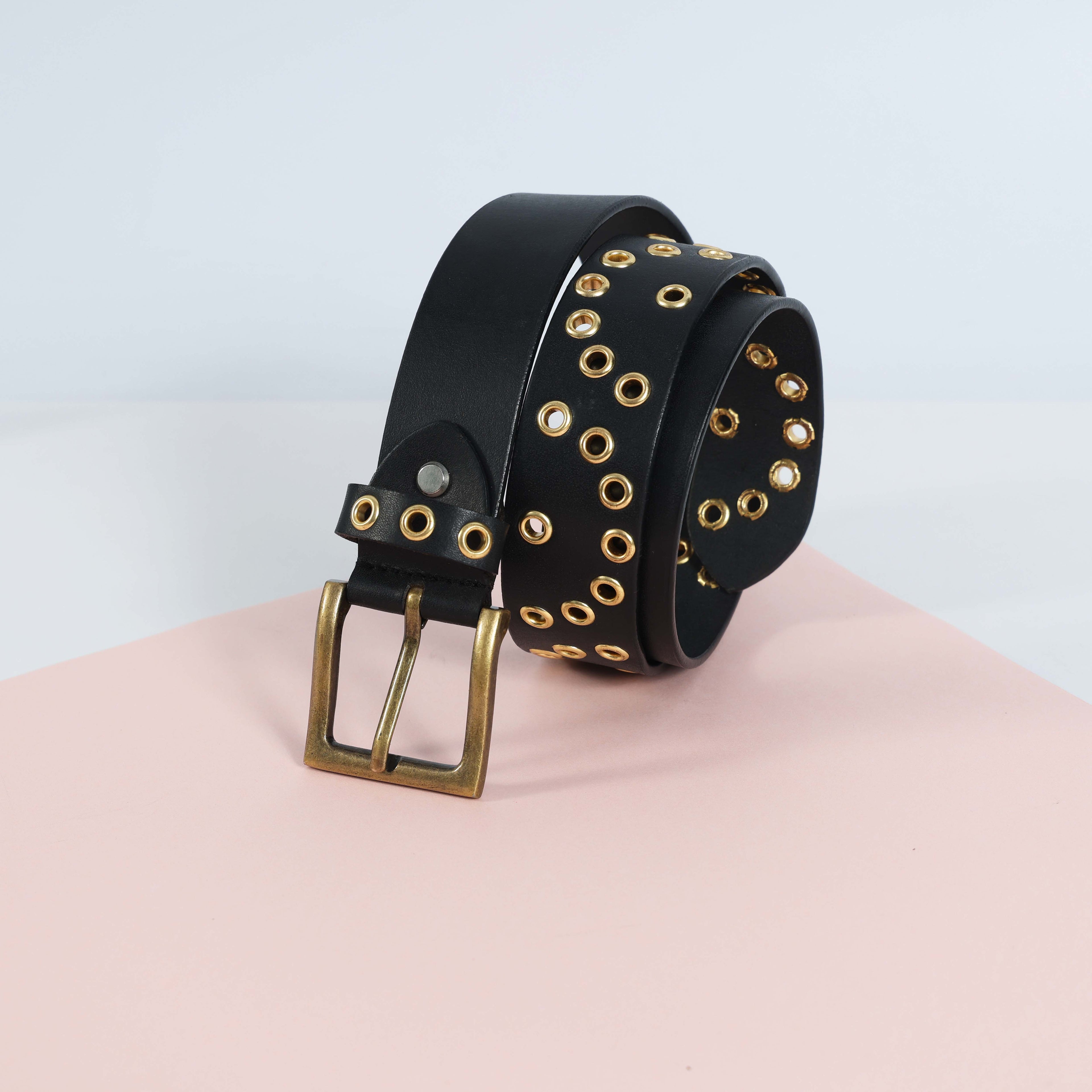 Black Leather Grommet Belt for Men – Double Eyelet Punk Rock Belt with Brass Buckle