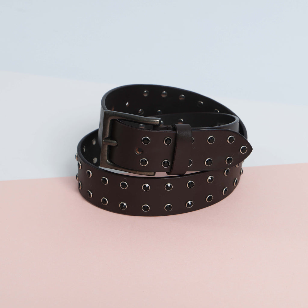 Men’s Brown Leather Double Grommet Belt – Heavy-Duty Punk Rock Belt with Black Eyelets & Antique Black Buckle