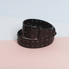 Men’s Brown Leather Double Grommet Belt – Heavy-Duty Punk Rock Belt with Black Eyelets & Antique Black Buckle