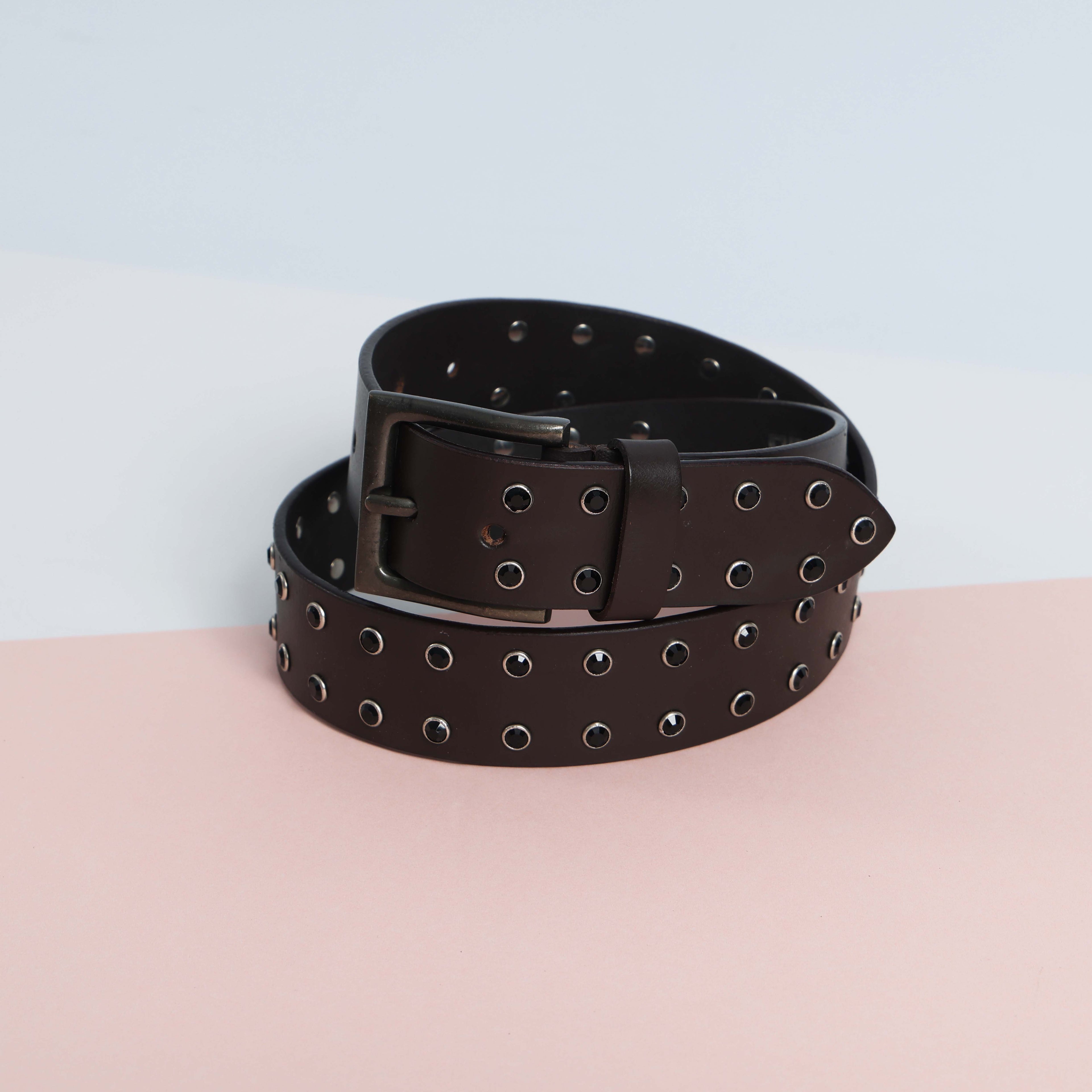 Men’s Brown Leather Double Grommet Belt – Heavy-Duty Punk Rock Belt with Black Eyelets & Antique Black Buckle