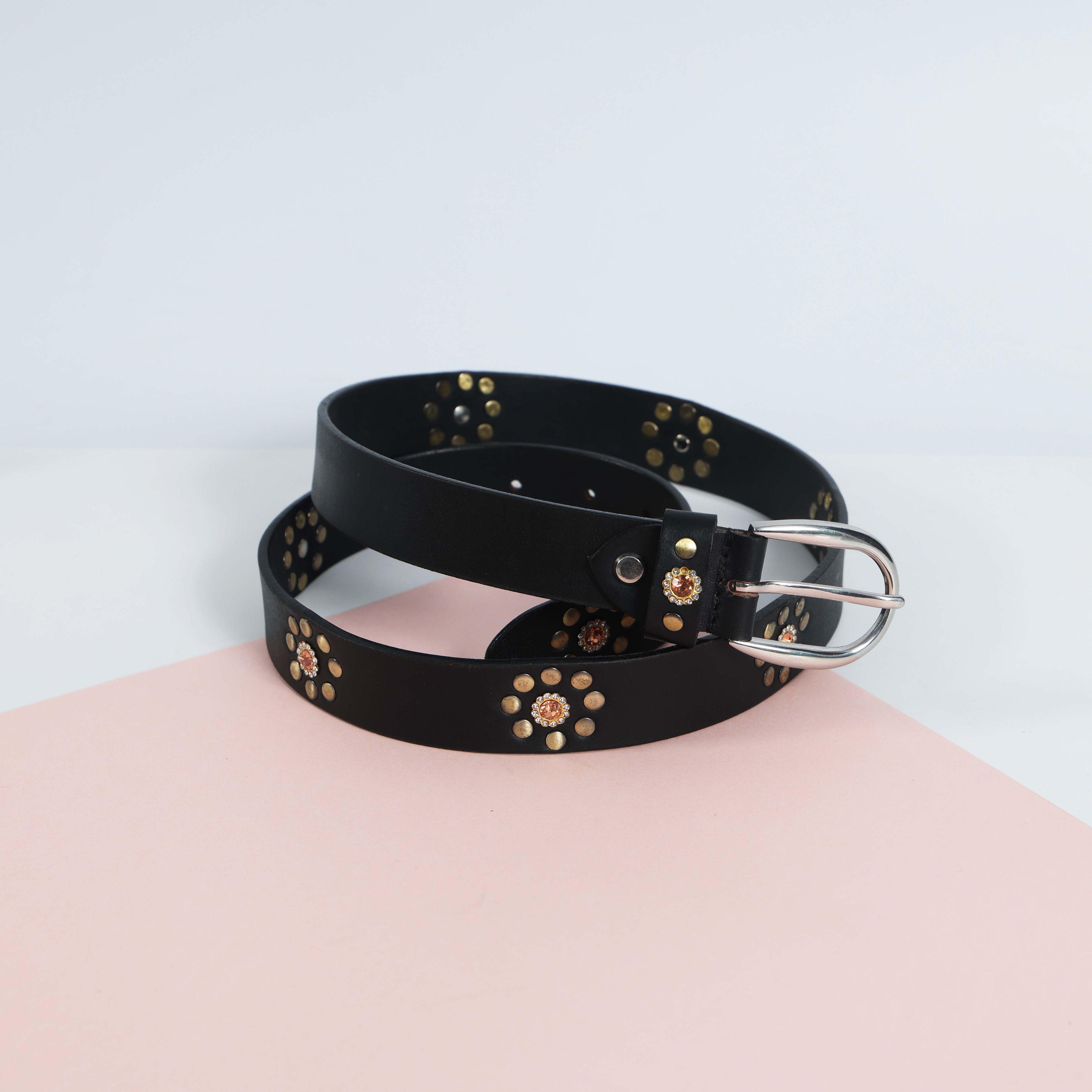 Black Studded Leather Belt for Women – Floral Western-Style Grommet Belt with Silver Buckle