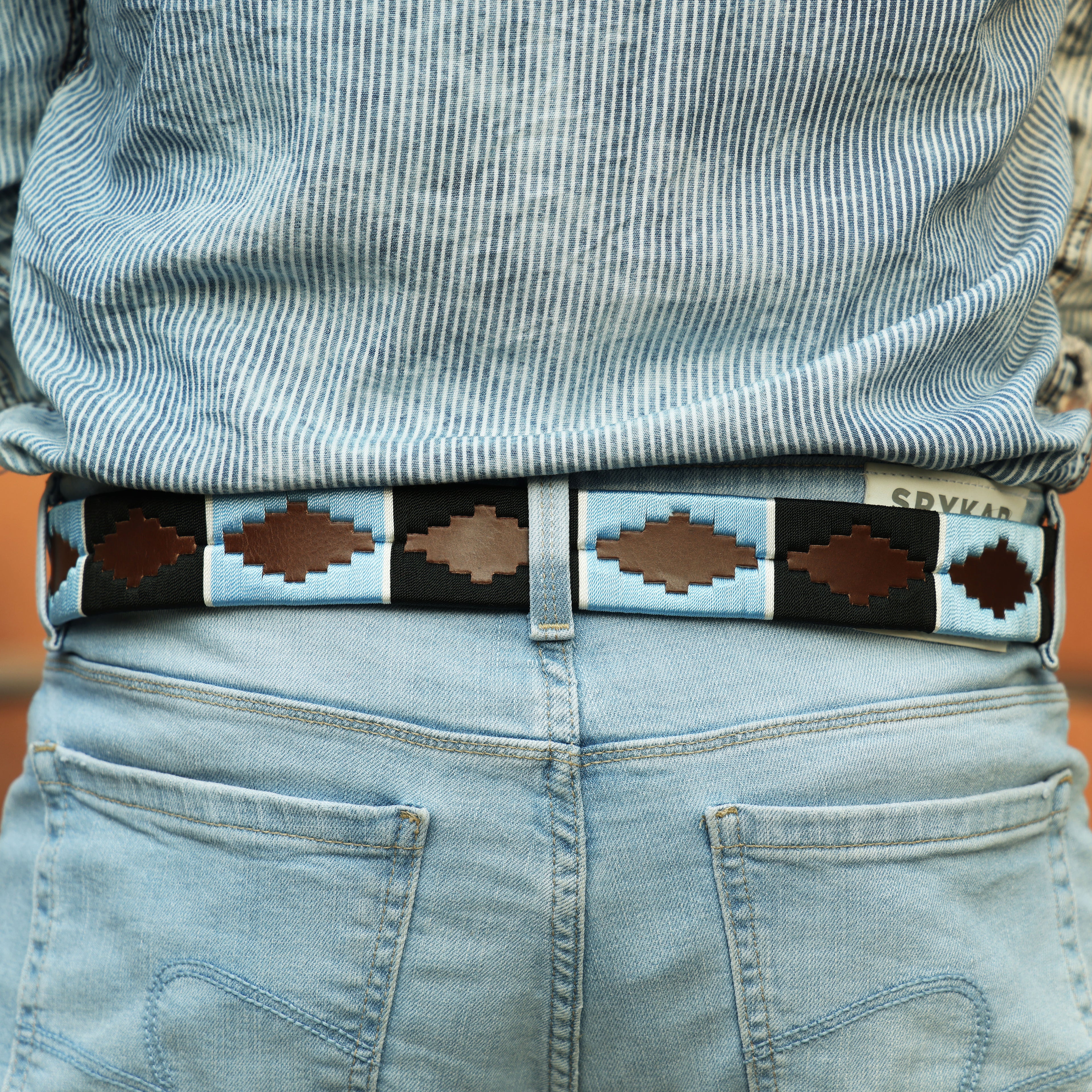 Brown Polo Leather Belt with Blue and Black Stitching & Golden Buckle