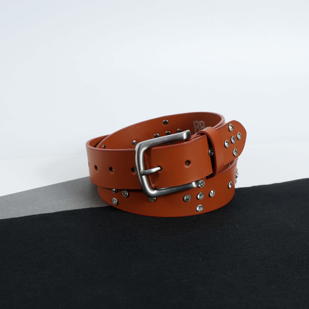 Mens’s Tan Leather Studded Belt – Crystal Rhinestones & Silver Buckle