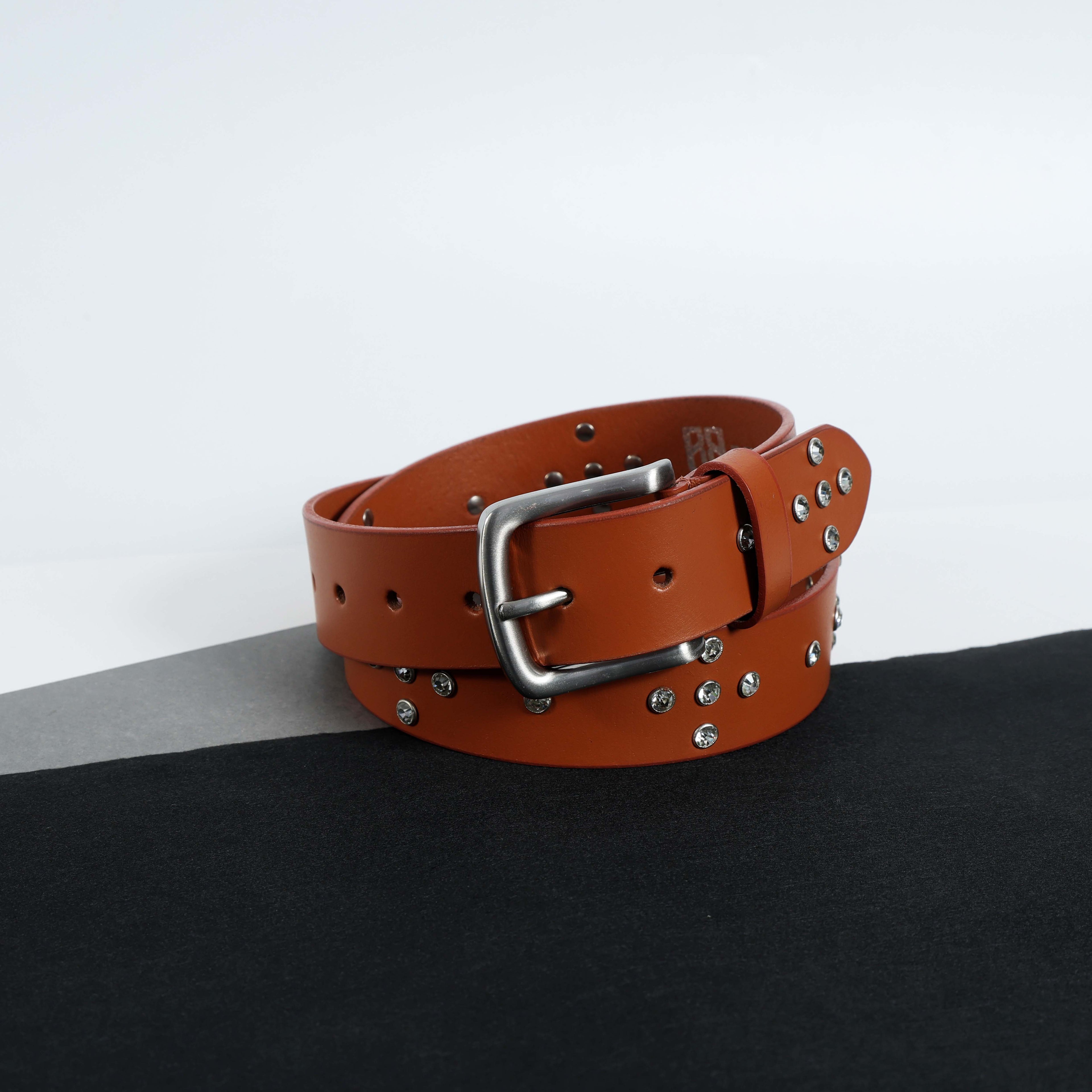 Mens’s Tan Leather Studded Belt – Crystal Rhinestones & Silver Buckle