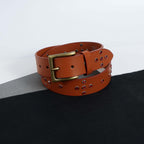 Men’s Tan Leather Studded Belt with Red Metal Rivets & Antique Brass Buckle – Vintage Rockstar Belt