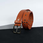 Men’s Tan Leather Belt with Antique Brass Buckle & Black Metal Studs – Stylish Vintage Rock Belt