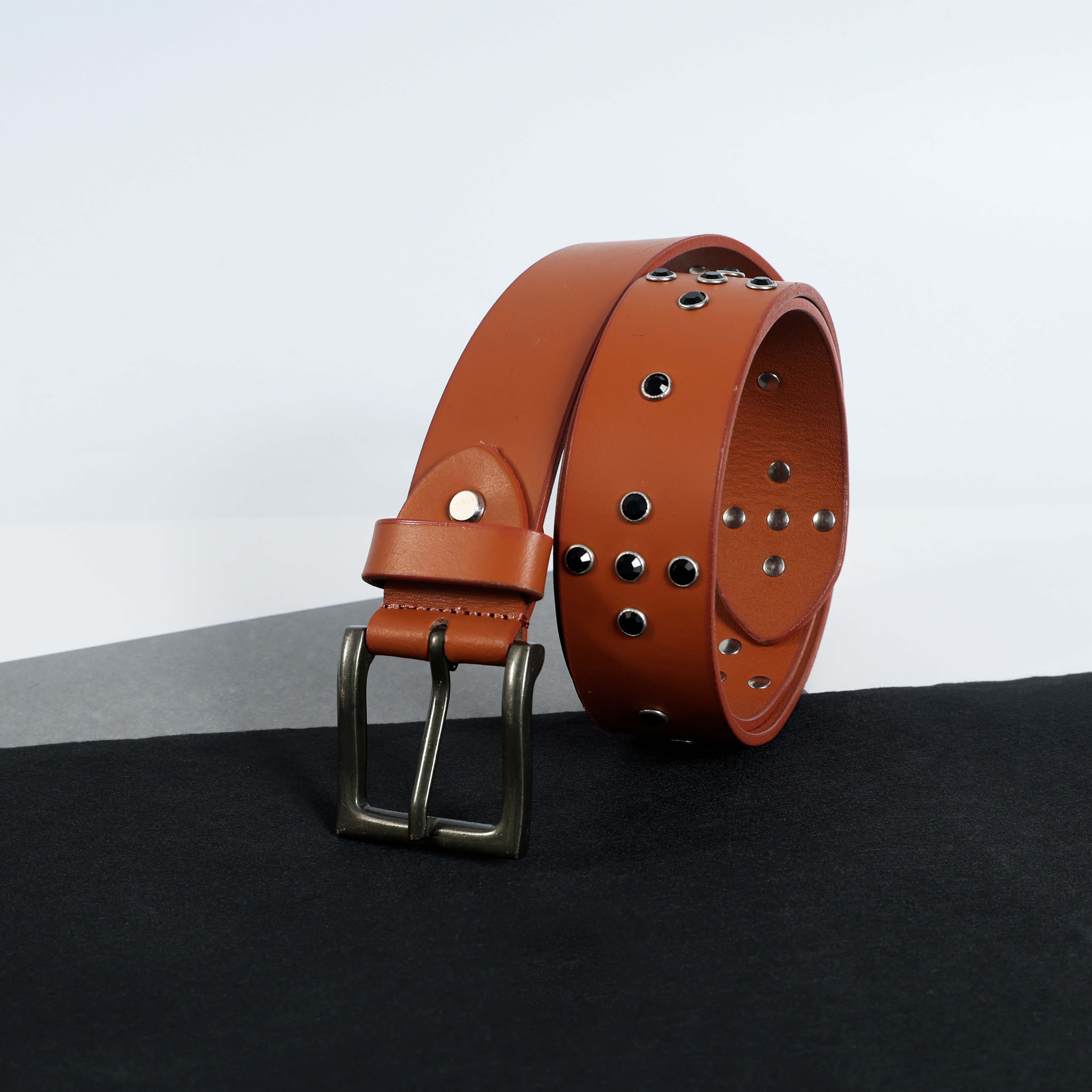 Men’s Tan Leather Belt with Antique Brass Buckle & Black Metal Studs – Stylish Vintage Rock Belt